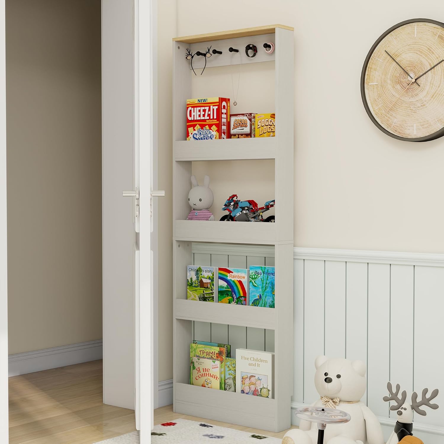 Behind The Door Bookshelf Kids,Wooden Slim Tall Bookshelf, 4-Tier Narrow Bookcase Book Shelf Space-Saving Organizer Storage for Toys and Story Books Wall Mount Shelves with 5 Hooks(Antique White)