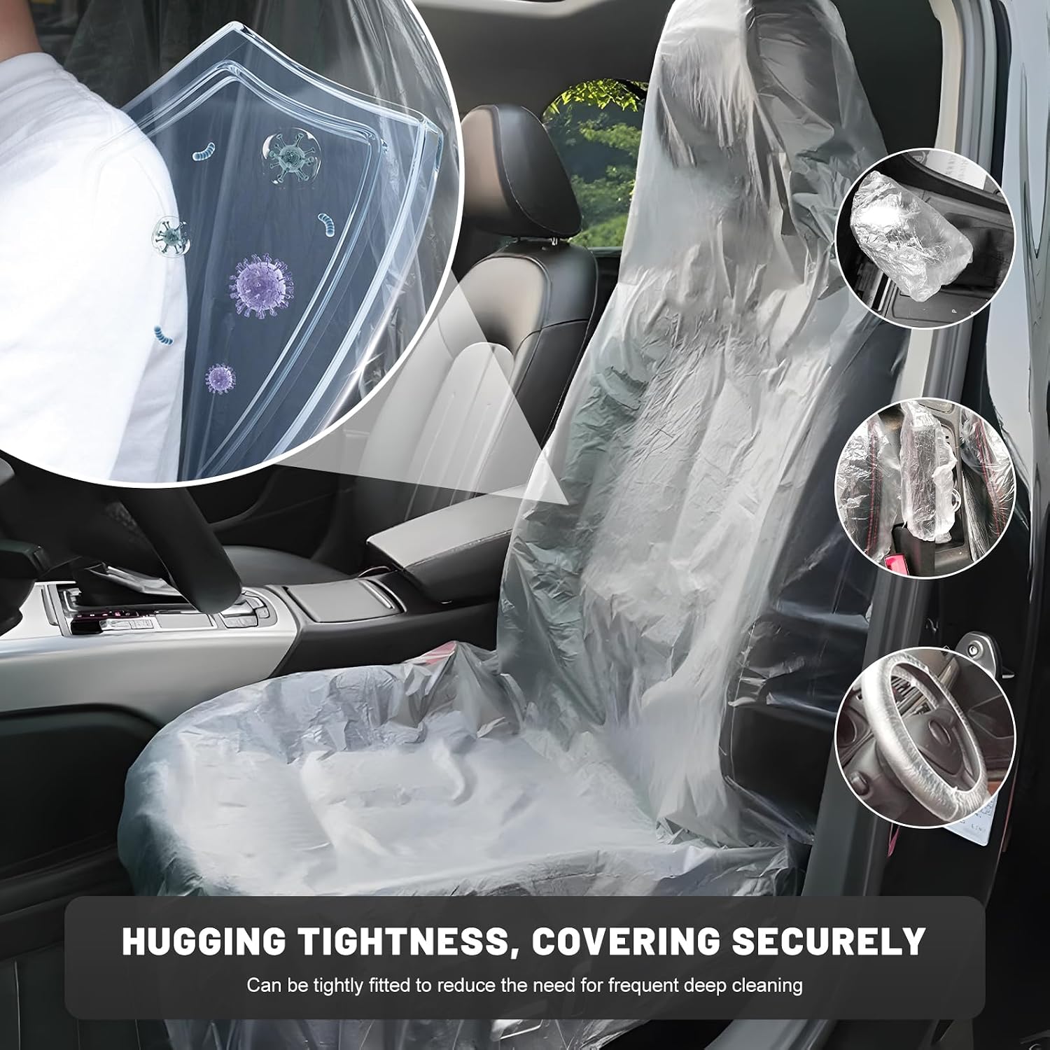 250PCS Disposable Car Protective Covers Set, Clear Plastic Seat Protectors w/Steering Wheel, Gear Shift & Handbrake Covers, Transparent Seat Cover for Car Truck Bus Airplane