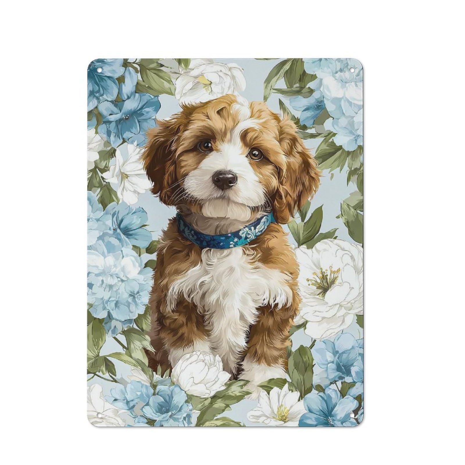 Junmoney Style-10 Puppy With Floral Background Rustic Tin Sign 40X30cm For Man Cave Or Games Room, A Decorative Gift For A Newly Furnished Man Cave And Games Room