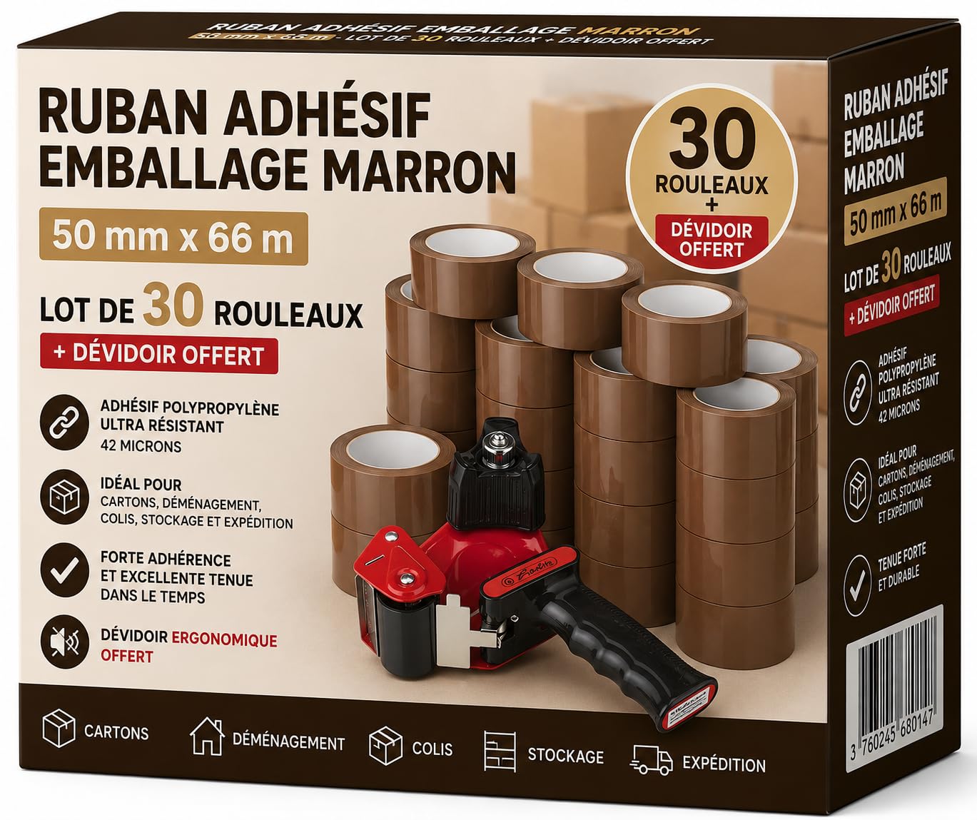 Ruban Adhésif Emballage Marron 50 mm x 66 m – Lot de 30 Rouleaux + Dévidoir Offert – Adhésif Polypropylène 42 microns – Ruban Adhésif pour Cartons, Déménagement, Colis, Stockage et Expédition