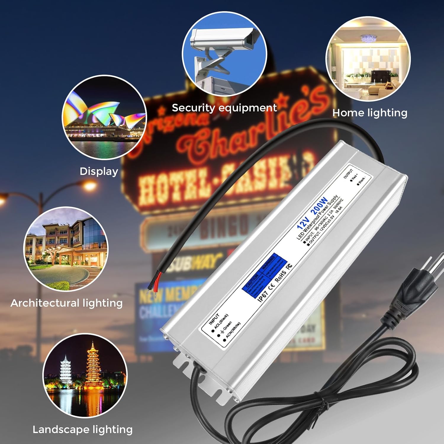 LED Driver 200 Watts, IP67 Waterproof 12V Power Supply, AC 90-140V to DC 12V 16.67A Low Voltage Transformer with 3-Prong Plug 3.28ft Cable for LED Lights, Computer Project, Outdoor Use