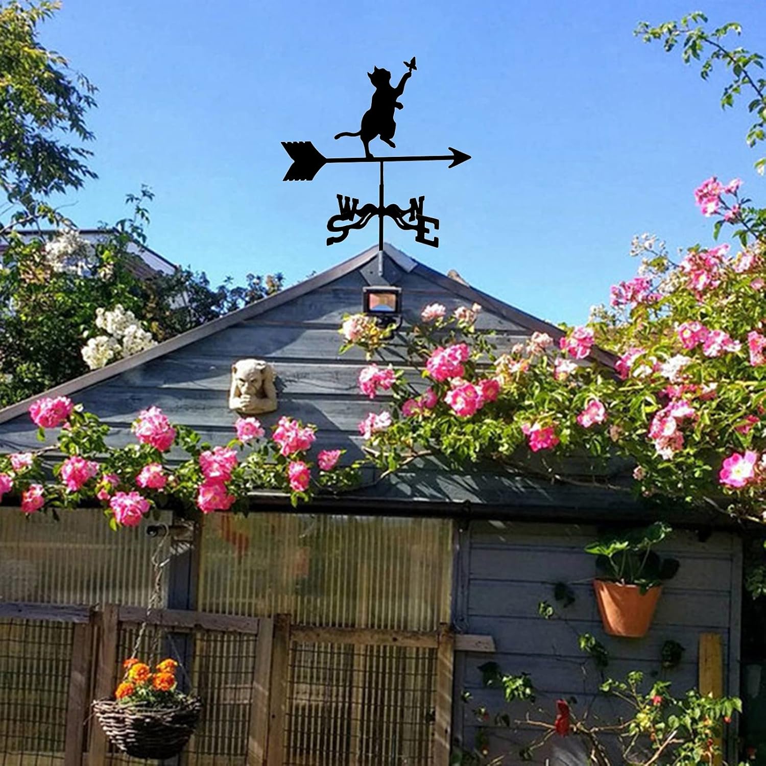 Weathervane, Weather Vane,Weathervane Garden with Roof Mount Weathercock Wind Direction Indicator, Retro Cat and Butterfly Weather Vane Metal Weathercock