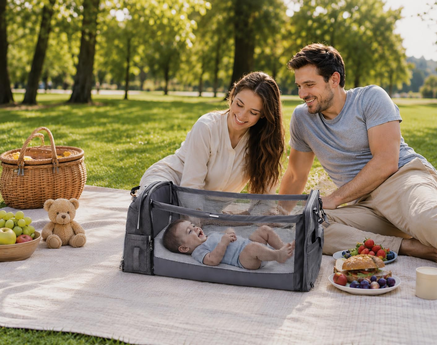 Genérico Mochila de Maternidad con Cuna Portátil Integrada, Bolsa Pañalera Multifuncional Impermeable para Viaje, Gran Capacidad, Organizador Bebé con USB y Cambiador para Mamá y Papá, Gris