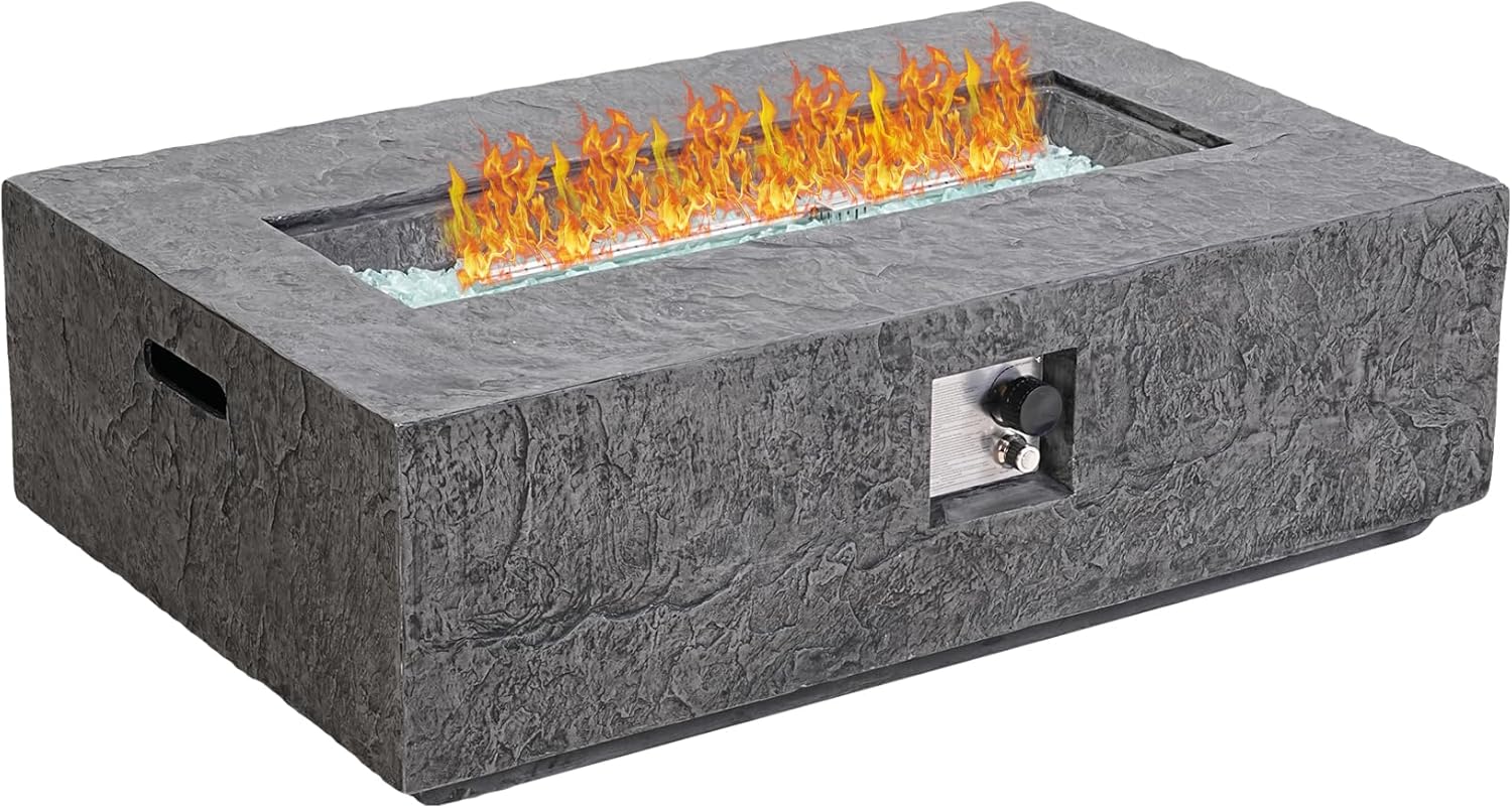 48" Outdoor Propane Fire Pit Table, Rectangle Fire Table w White Fire Glass(50,000 BTU), Patio Firepit Table Slate Gas Fire Table w Rain Cover for Outside, Backyard