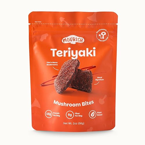 Mourish Bocaditos veganos de hongos, sabor teriyaki, 1 paquete (2 onzas), buena fuente de proteína y fibra, carne a base de plantas, aperitivos