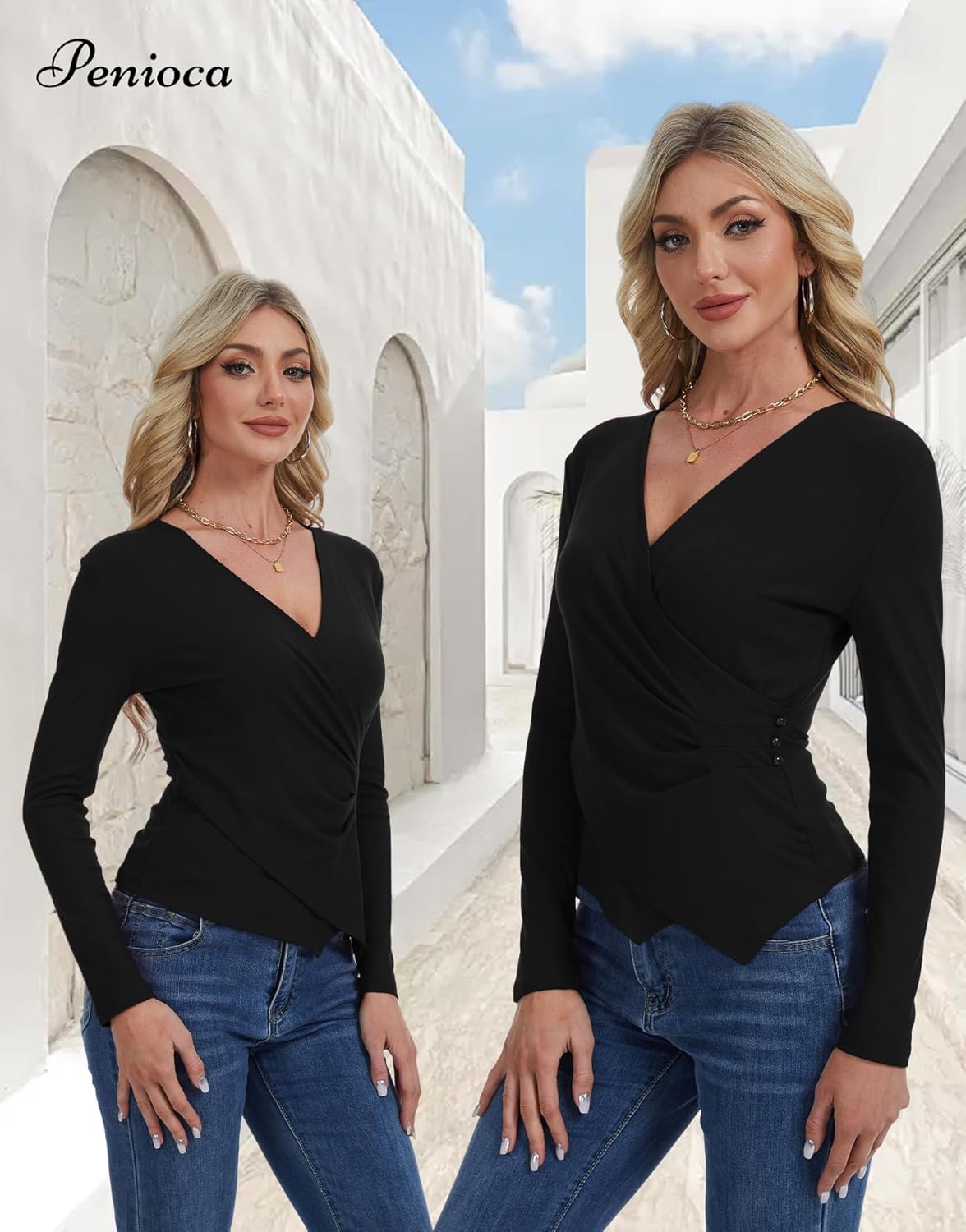 Womens Long Sleeve Wrap Tops, Casual V Neck Cross Wrap Top Ruched Asymmetrical Slim Fit Shirts - Image 3