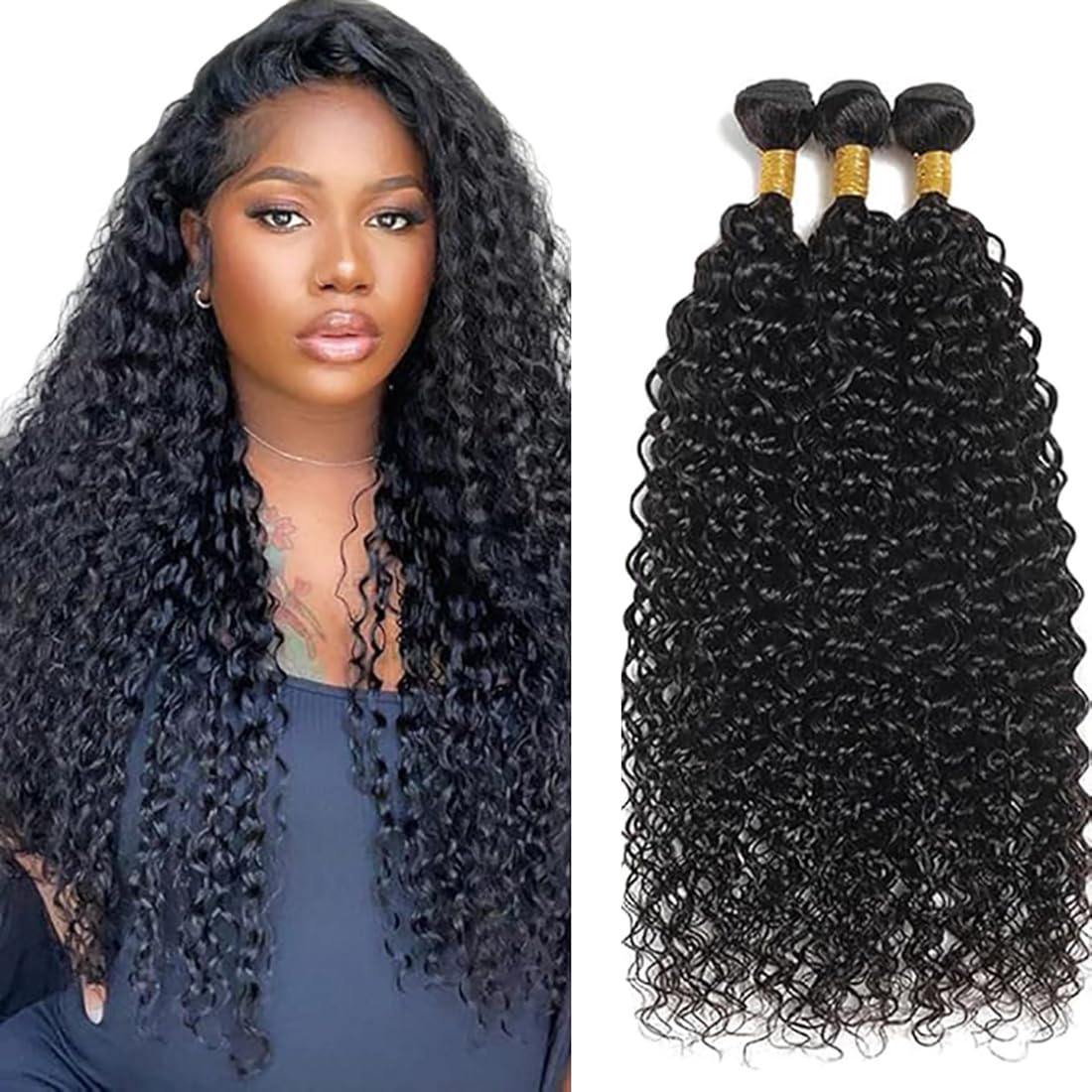 Echthaar Tressen Bündel Curly Wave Human Hair Extension 3 Bundles Unprocessed Remy Haartressen Double Weft #1B Natural Black Color for Woman 22 24 26 Inch