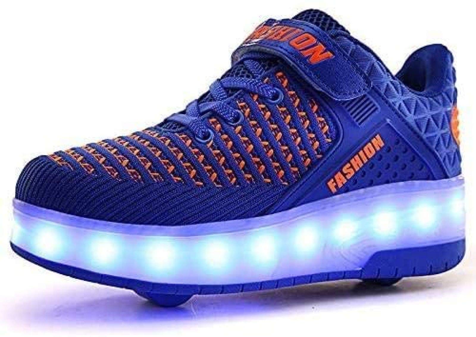 Zapatillas De Skate LED con Ruedas Dobles Zapatillas De Skate Zapatillas con Ruedas LED Niños Niños Niñas Gimnasia Al Aire Libre Zapatillas De Moda Técnica,Blue-32 EU