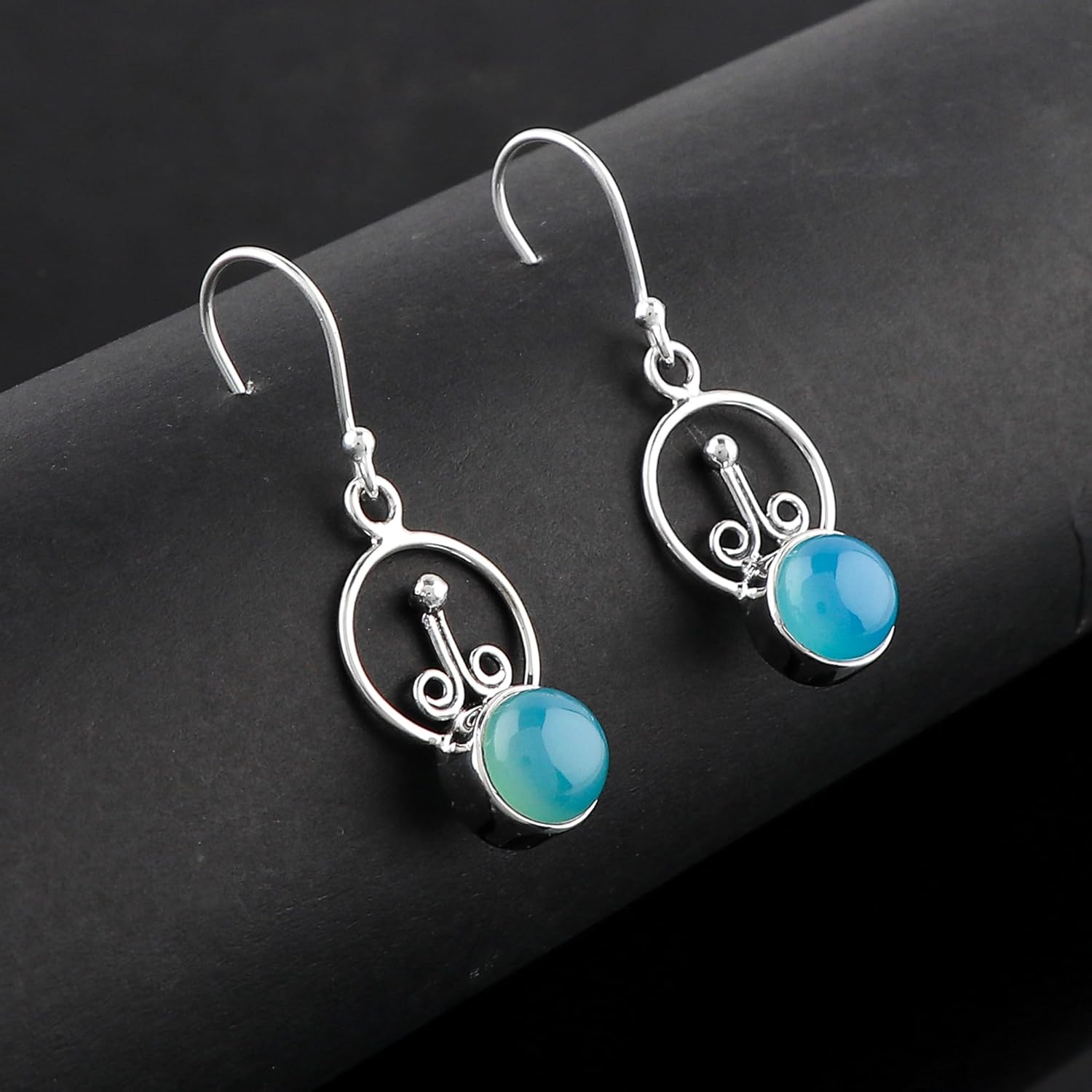 925 Sterling Silver Dangling Earrings for Women, Natural Aqua Chalcedony Crystal Cabochon Earrings, Healing Crystals, Gemstone Jewelry, Handmade, Birthday, Filigree, Bridal Jewelry - Image 2