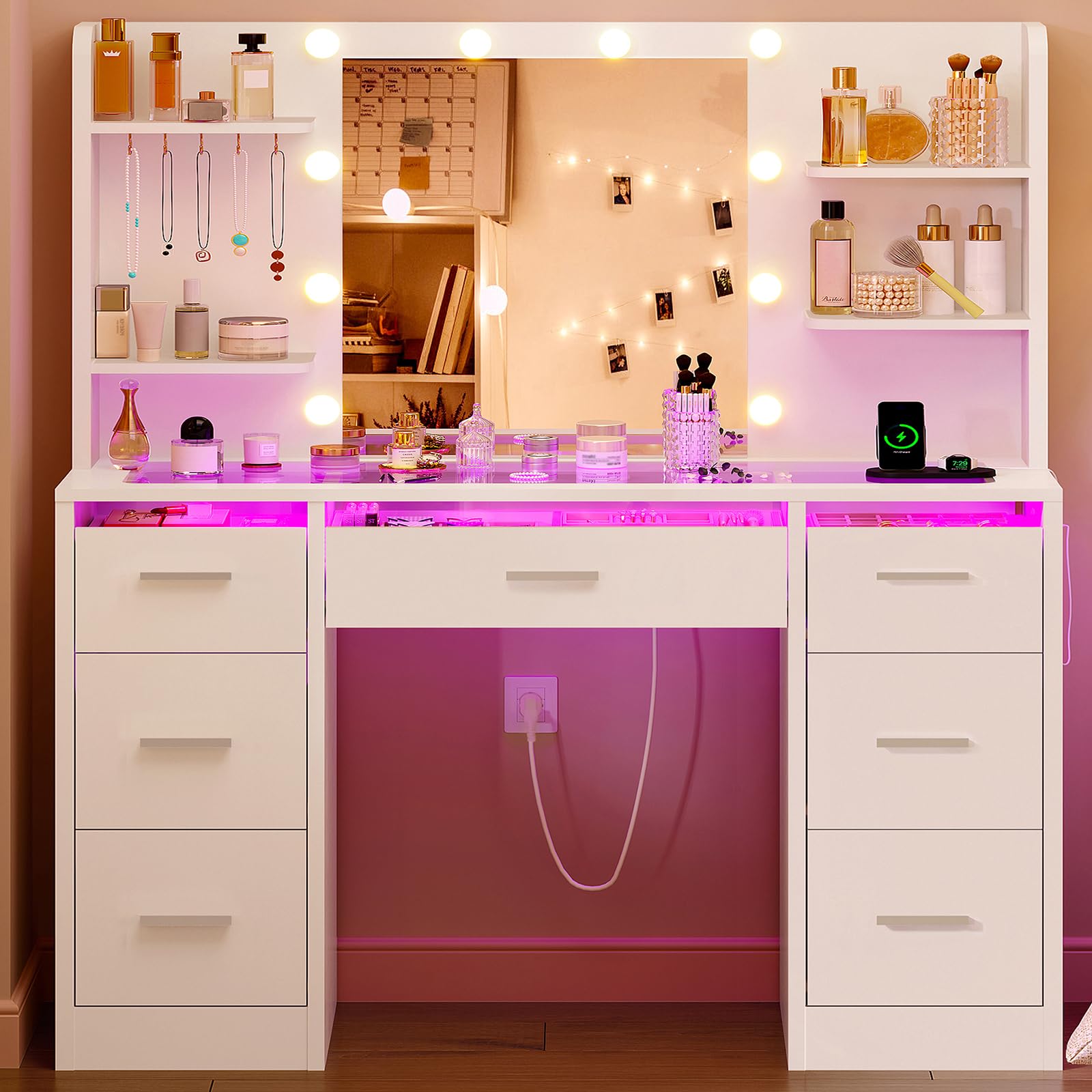Coiffeuse avec Miroir LED et Éclairage RGB 3 Couleurs, Plateau en Verre Trempé – Table de Maquillage avec Prise, 7 Tiroirs + 5 Crochets, luminosité réglable, Blanc