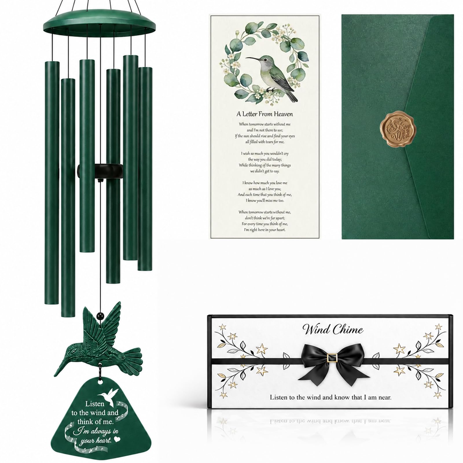 36" Memorial Wind Chimes for Outside, Sympathy Gift for Loss of Loved One, Hummingbird Wind Chime for Mom Dad, Bereavement Remembrance Funeral Condolence Gift（Forest Green）