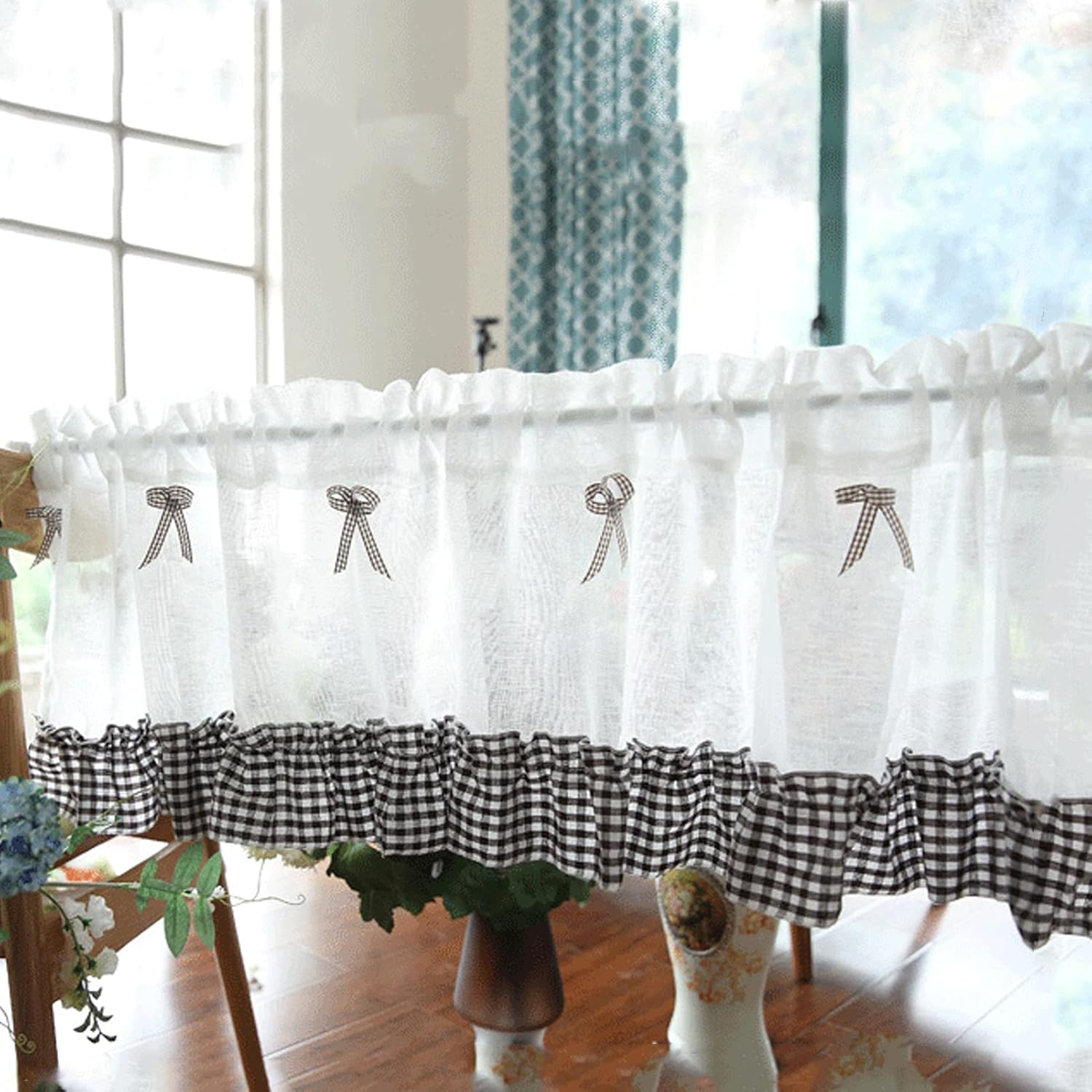 Cafe Curtain Valance,Kitchen Curtain,Window Treatment Tiers Curtain,Lace Cotton and Linen Short Curtains,Bistro Curtain Country Style,Semi-Shading Curtain for Kitchen Bedroom Door Window Home Decor