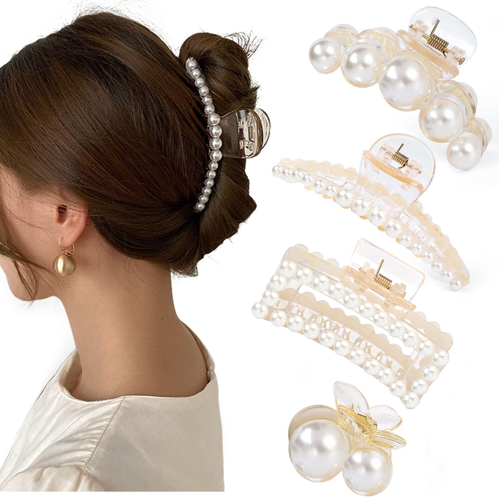 4 PCS Large Pearl Hair Claw Clips for Women Girls, Hair Barrette Clamps for Thick Thin Hair, Fashion Hair Accessories Headwear Styling Tools for Party Wedding