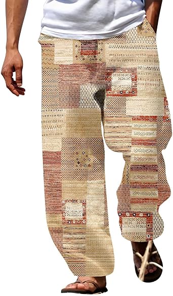 Mens Loose Fit Beach Boho Pants Wide Leg Hippie Harem Pants Elastic Waist Geometric Graphic Yoga Aladdin Trousers