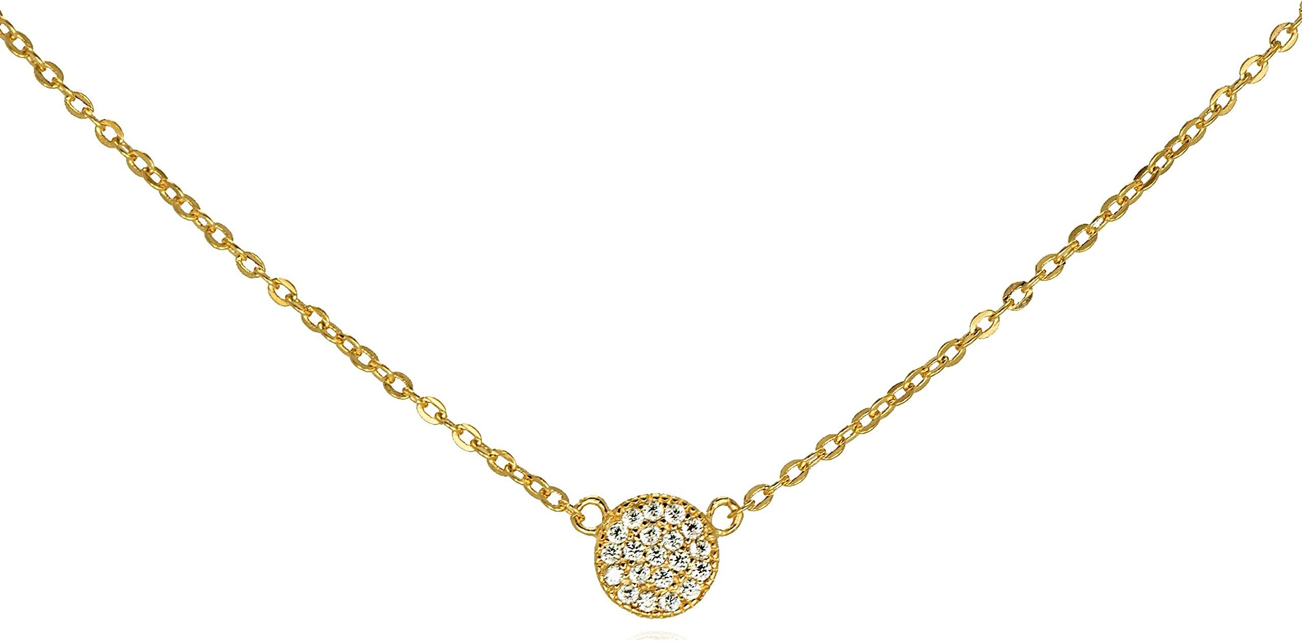 GlitterLounge Tiny CZ Pave Disk Circle Necklace .925 Sterling Silver Gold Tone Finish Adjustable Chain 16" - 18"