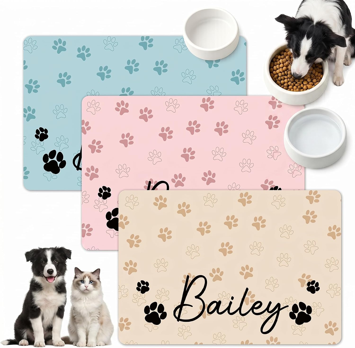 Custom Dog Food Mat for Food & Water, Personalized Pet Food Mat with Name