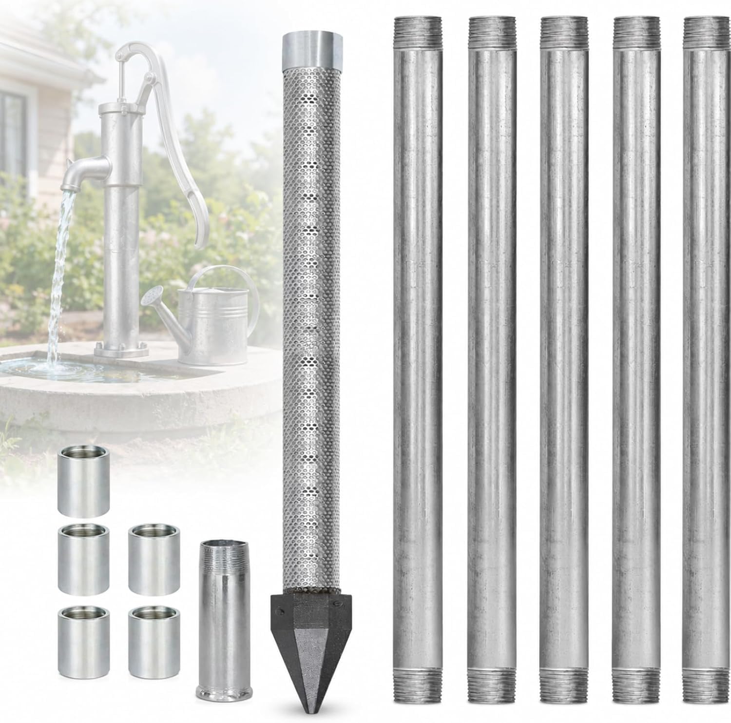Kit De Puits À Pointe Dentraînement 1-1/4 Pouce Npt, Crépine De Puits En Acier Inoxydable De 36 Pouces Avec Filtre À Mailles De 60, Sections De Tuyau Galvanisées Et Bouchon Dentraînement Pour