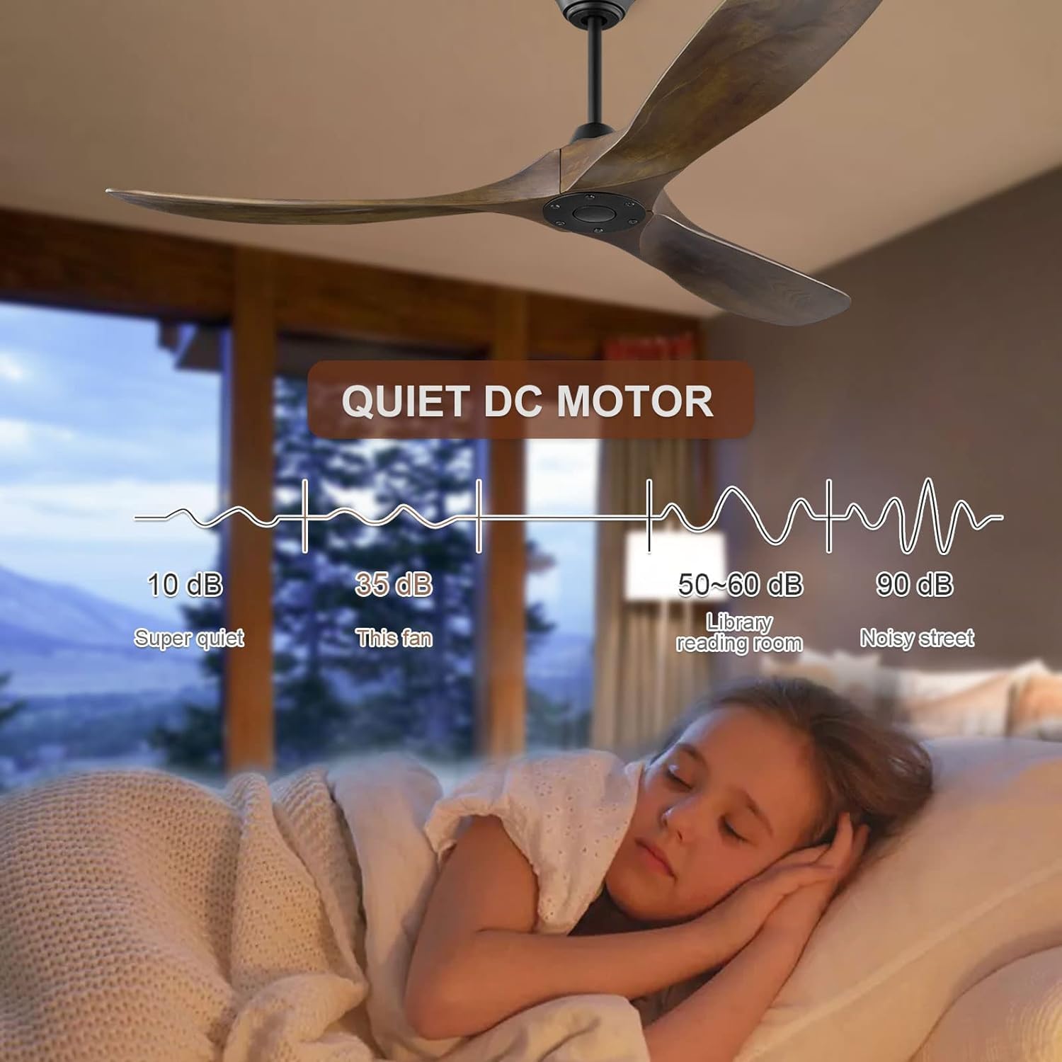 Ventilador de Techo con Mando a Distancia,Ventilador de Techo sin Luz Silencioso,152cm de Diámetro,3 Aspas de Madera,Motor de CC,6 Velocidades,Temporizador,Función Verano-invierno,Nogal