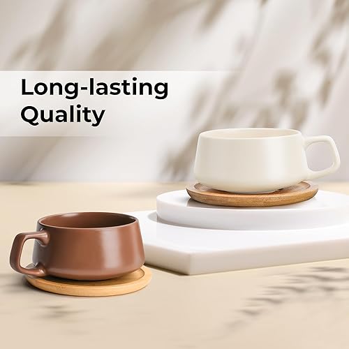 Miniatura 3 de MIAMIO Juego de 4 tazas de té de cerámica y platillo de bambútaza de té de 11 onzas - Taza ancha de capuchino, tazas de café de cerámica para