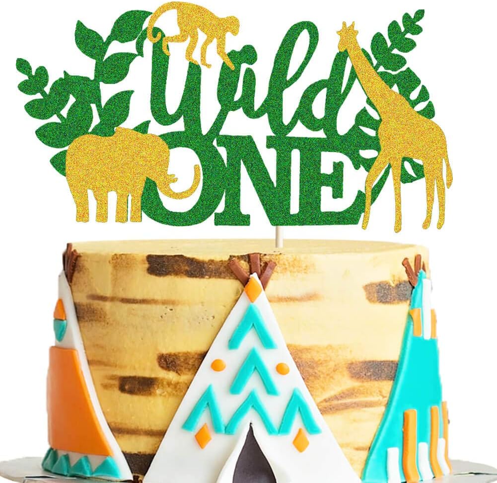 Jungle Safari Animal Wild One Cake Topper, Jungle Wild Safari Zoo 1st First Birthday Baby Shower Party Cake Supplies Decorations