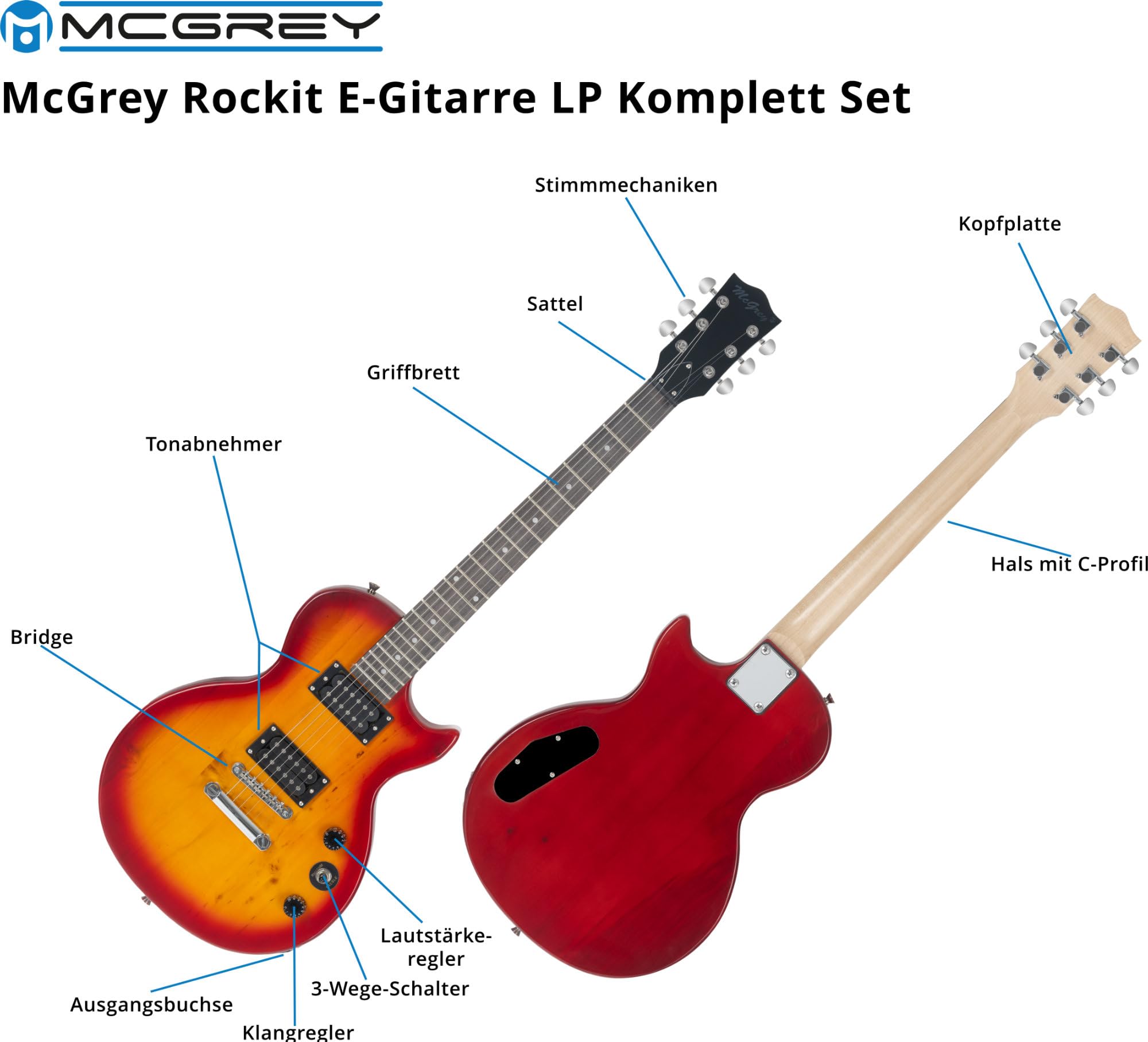McGrey Rockit Single Cut Komplettset E-Gitarre (8-teiliges Anfängerset mit Gitarre, Verstärker, Ersatzsaiten, Gitarrentasche, Stimmgerät, Plektren, Gurt und Gitarrenkabel) Orange Burst