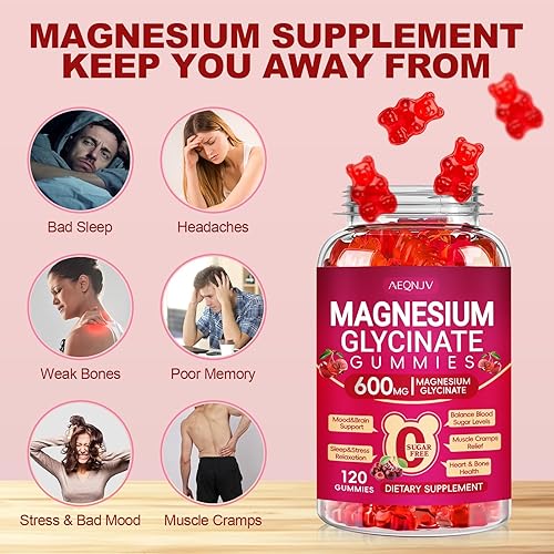 Miniatura 10 de Gomitas de glicinato de magnesio de 600 mg, gomitas de magnesio sin azúcar para adultos con L-treonato de magnesio, suplementos masticables