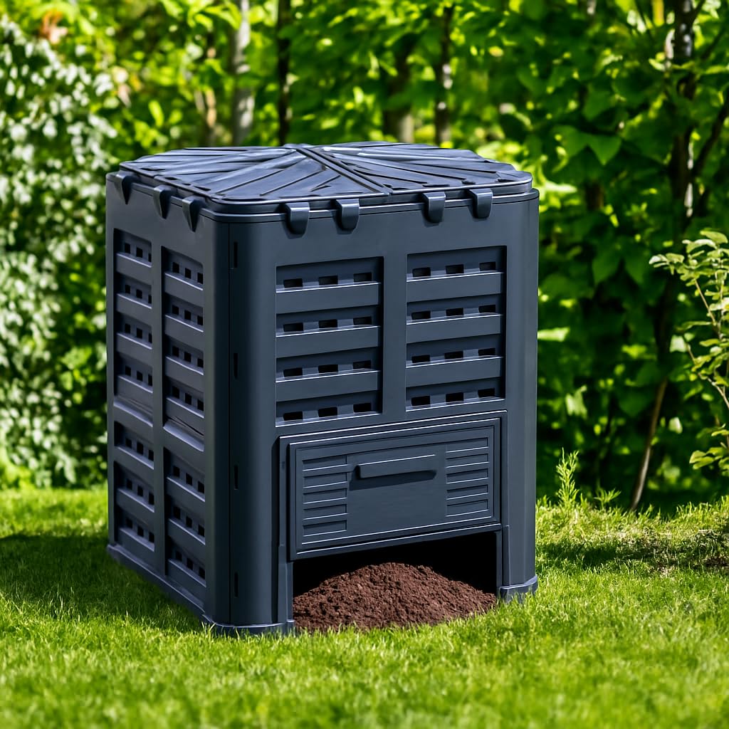 Composteur de Jardin 360L - Conteneur à Compost avec Base - Composteur Thermique en Plastique Noir - Compost - Composteur Thermique - Composteur de Jardin - Composteur
