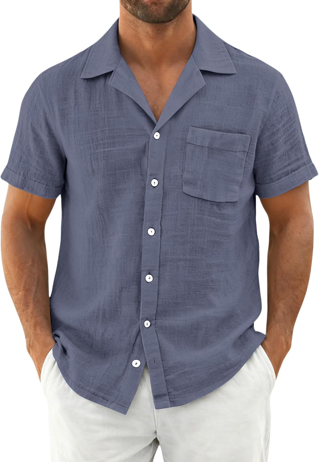 Mens Button Down Shirts Casual Short Sleeve Shirt Textured Linen Summer Beach Tops with Pocket, S-2XL