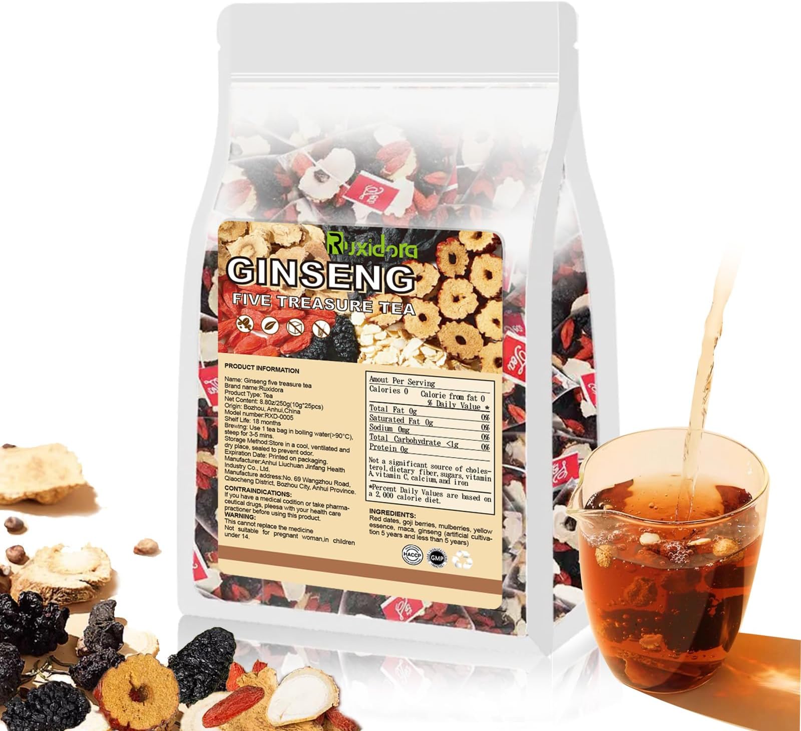 Ginseng Five Treasures Tea Kidney Tea | 25 Organic Tea Bags,Traditional Chinese Herbs Blend | Natural Wellness Support with Red Dates & Wolfberry | Caffeine-Free & Additive-Free