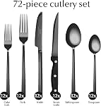 MIAMIO Cutlery Set 72 Piece for 12 People, 18/10 Stainless Steel Flatware Set with Steak Knives, Forks, Knives & Spoons, Modern Dishwasher Safe (Black)