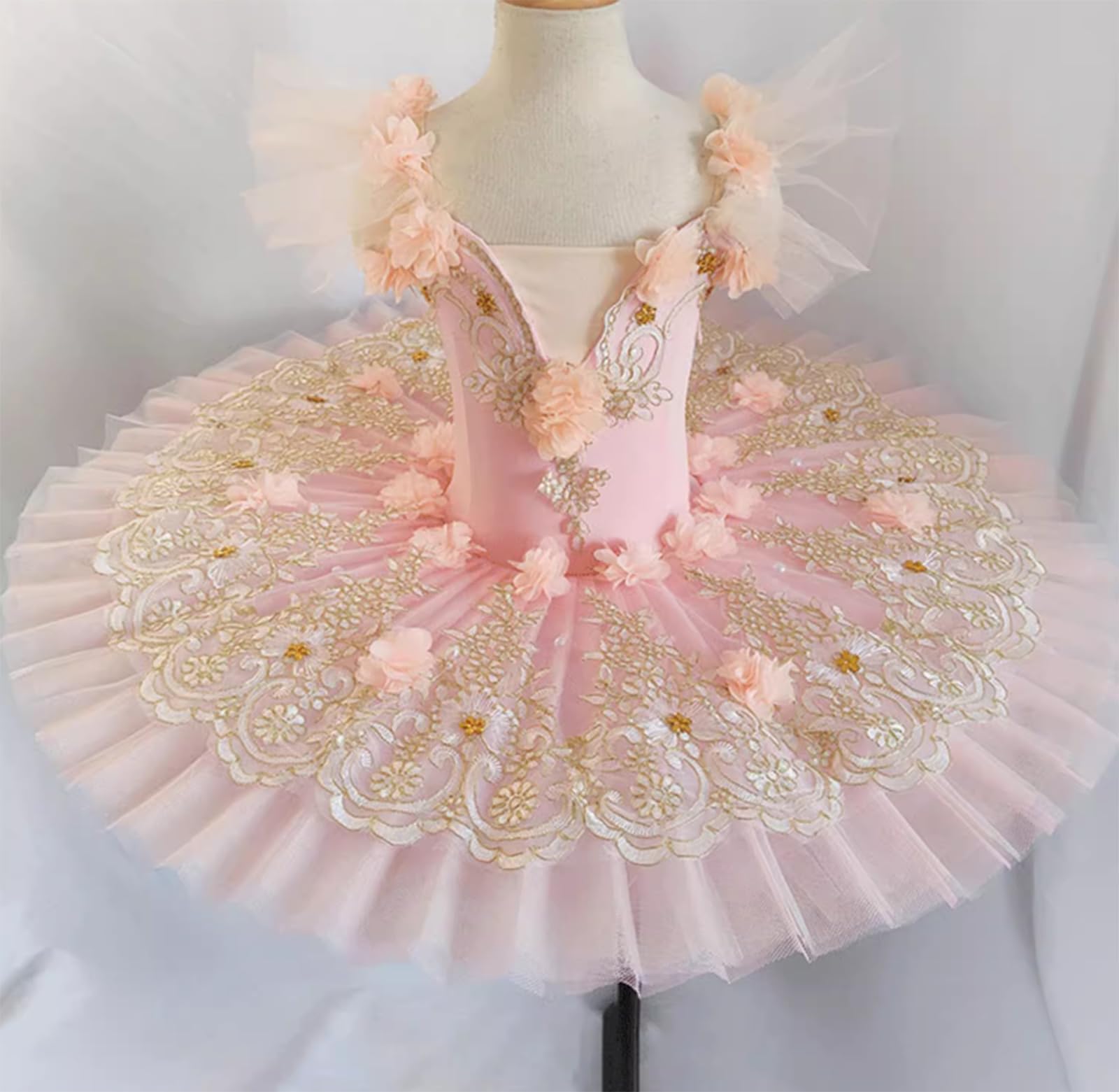 OTMYIGO Tutú de Ballet Profesional para niñas, tutú de panqueque con Flores, Trajes de Baile de Cisne, Vestido de Ballet