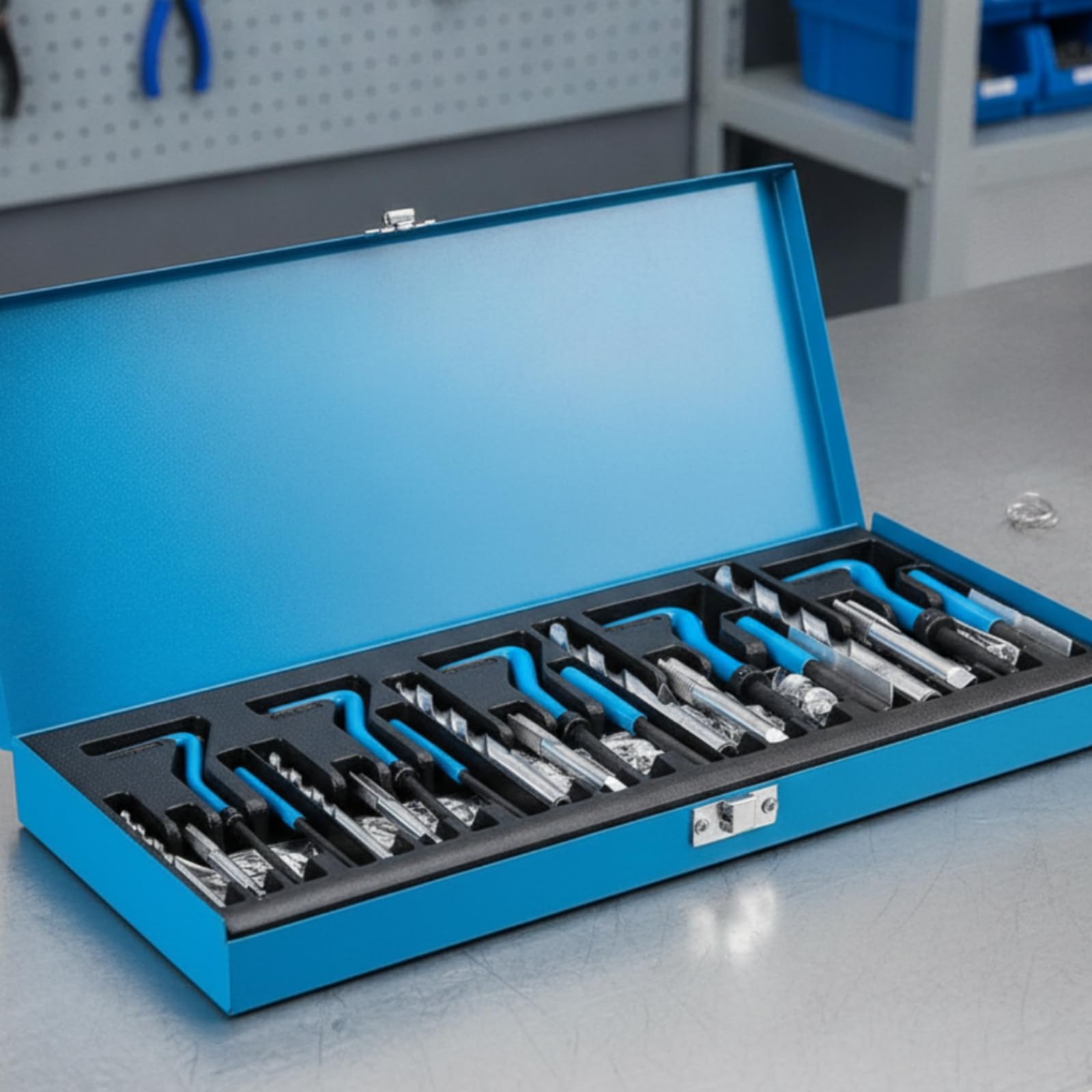 Kit Riparazione Filetti Cassetta in Metallo Inserto Filettato Set Alta Resistenza Set Inserti Filettati, Scatola Blu, Manico Blu