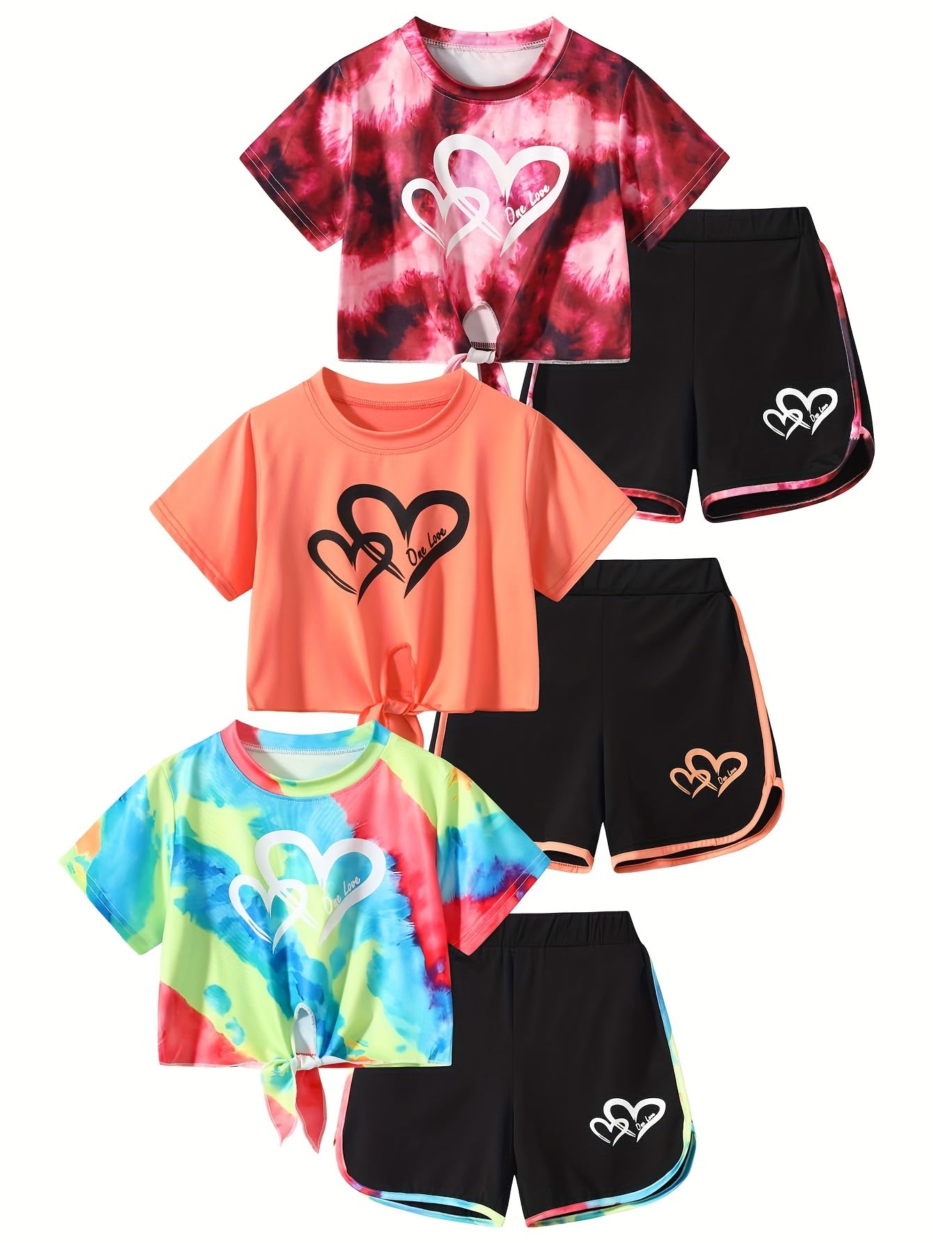 Jolyshlid Girls 6 Pieces Summer Outfits Casual Short Sleeve Tee Tops and Dolphin Shorts Set 4-12Y