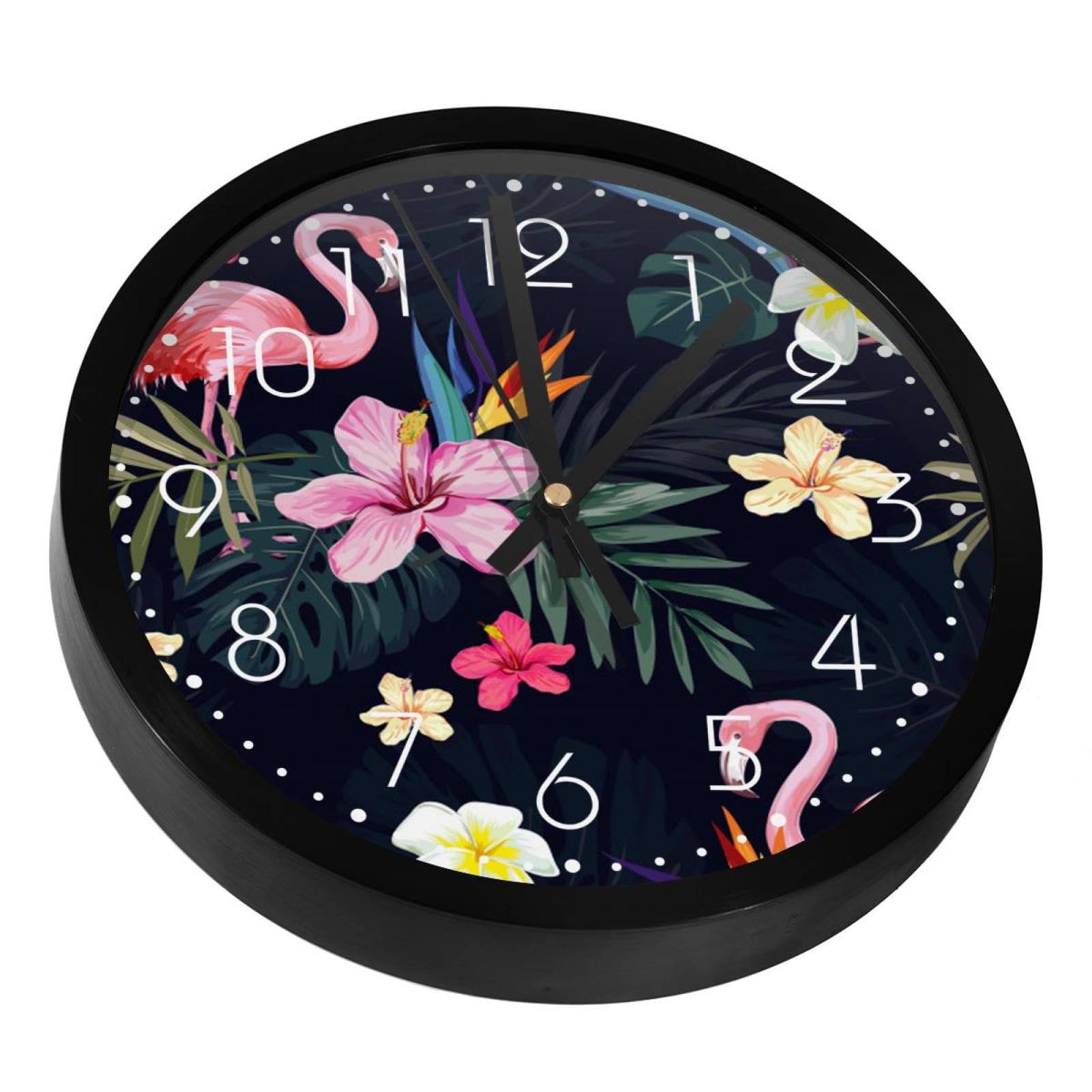 Horloge murale silencieuse flamant rose jungle tropicale pour salon et cuisine