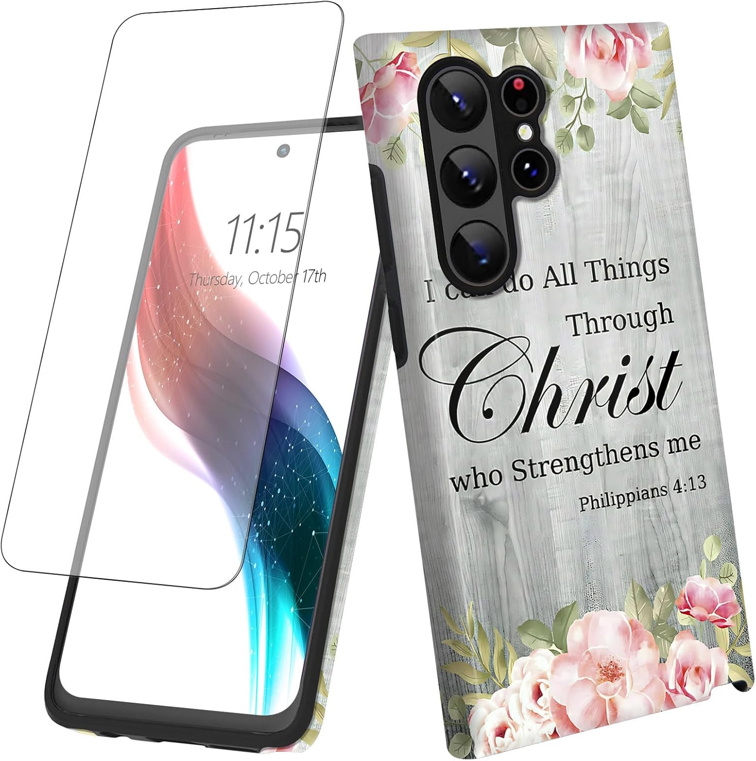 for Samsung Galaxy S25 Ultra 5G Phone Case with Screen Protector Bible Verse Philippians 4-13 Design Women Men Dual Layer Hard PC Shell Soft TPU Silicone Wireless Charging Shockproof Protective Cover