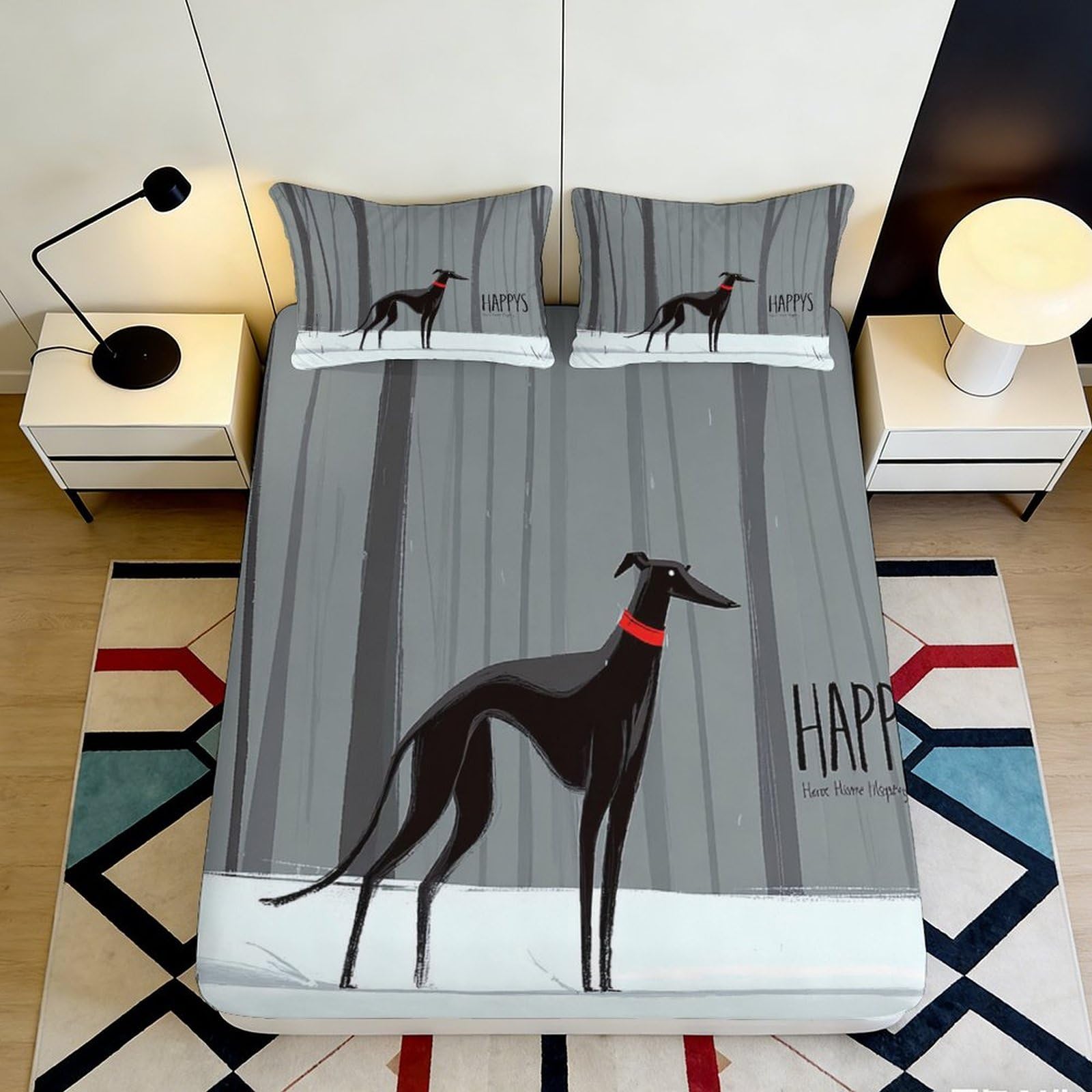 Pnayamiorkfel Style-9 3D Printed Forest Greyhound Fitted Sheet Microfiber Soft Breathable Black Dog Bed Sheet Bedroom Decor Protection 90X200x25cm