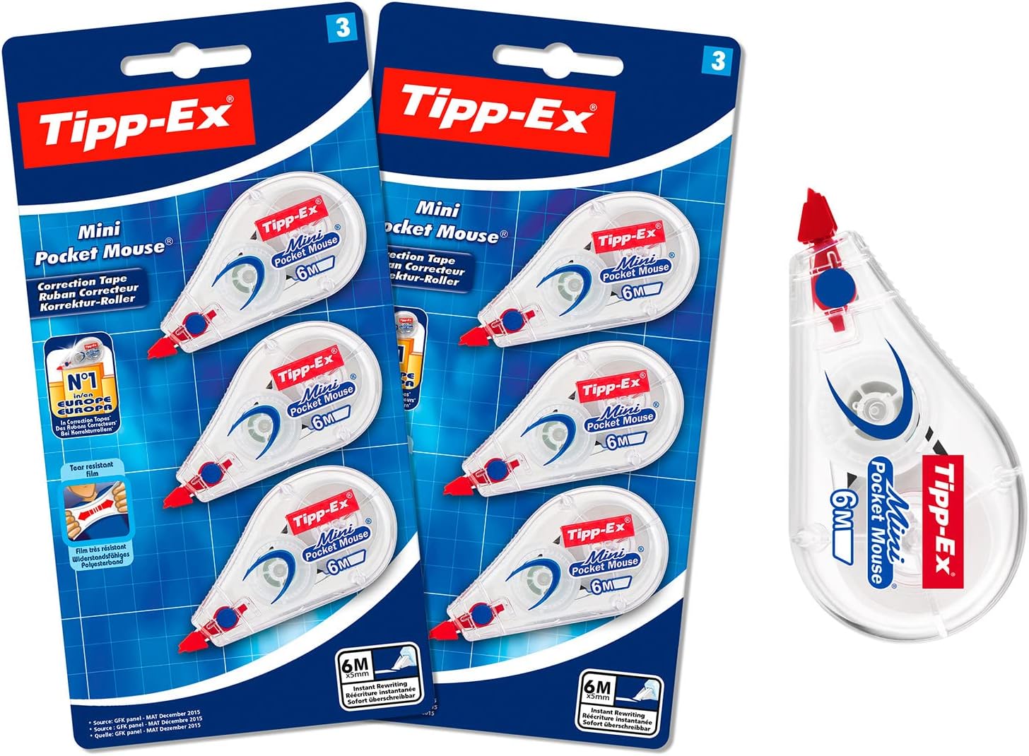 Tipp-Ex BIC Mini Pocket Mouse, Correction Tape, 36m Coverage of Tear-Resistant Tape, Ideal for School and Office, White, 2 Packs of 3