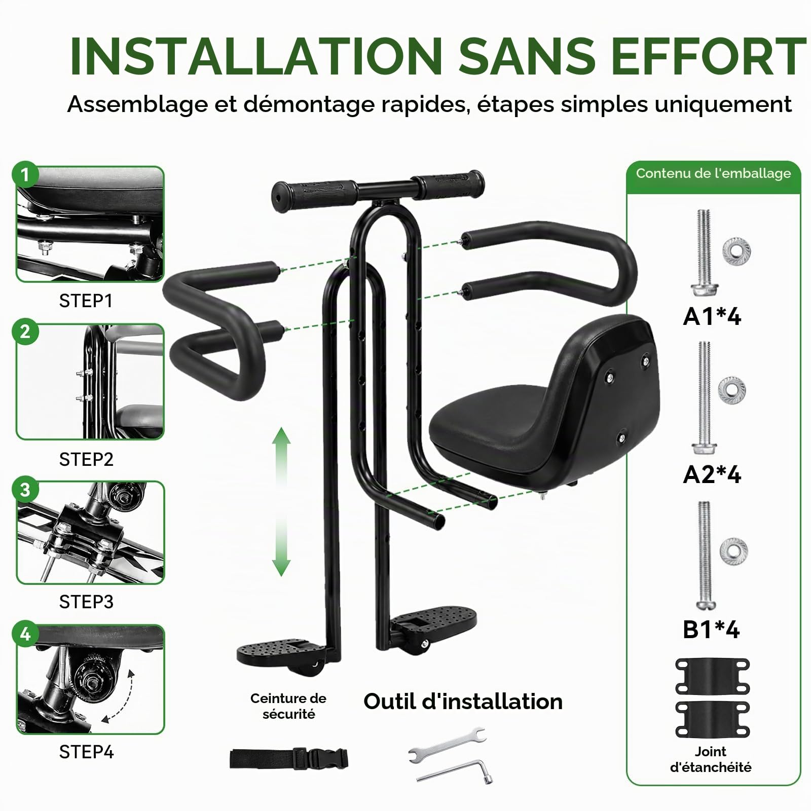 Siege Velo Enfant Avant, Siège Vélo Enfant Angle du Siège Réglable | avec Accoudoirs et Repose-pieds, Siège Bébé Avant pour VTT, Vélos de Ville et Vélos Pliants