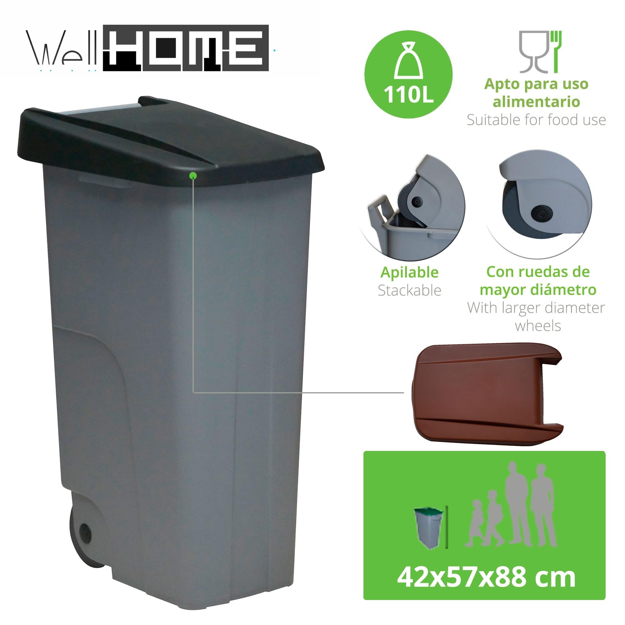 WELL HOME MOBILIARIO & DECORACIÓN Contenedor Cerrado 110L Negro H.88cm + Rollo 10 bolsas de basura 120L