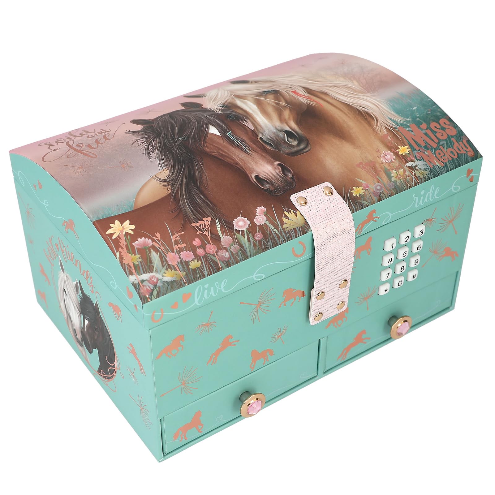 Depesche Miss Melody Large Jewellery Box in Turquoise and Pink Horses and Rose Gold Jewellery Box with Code, Sound and Mirror