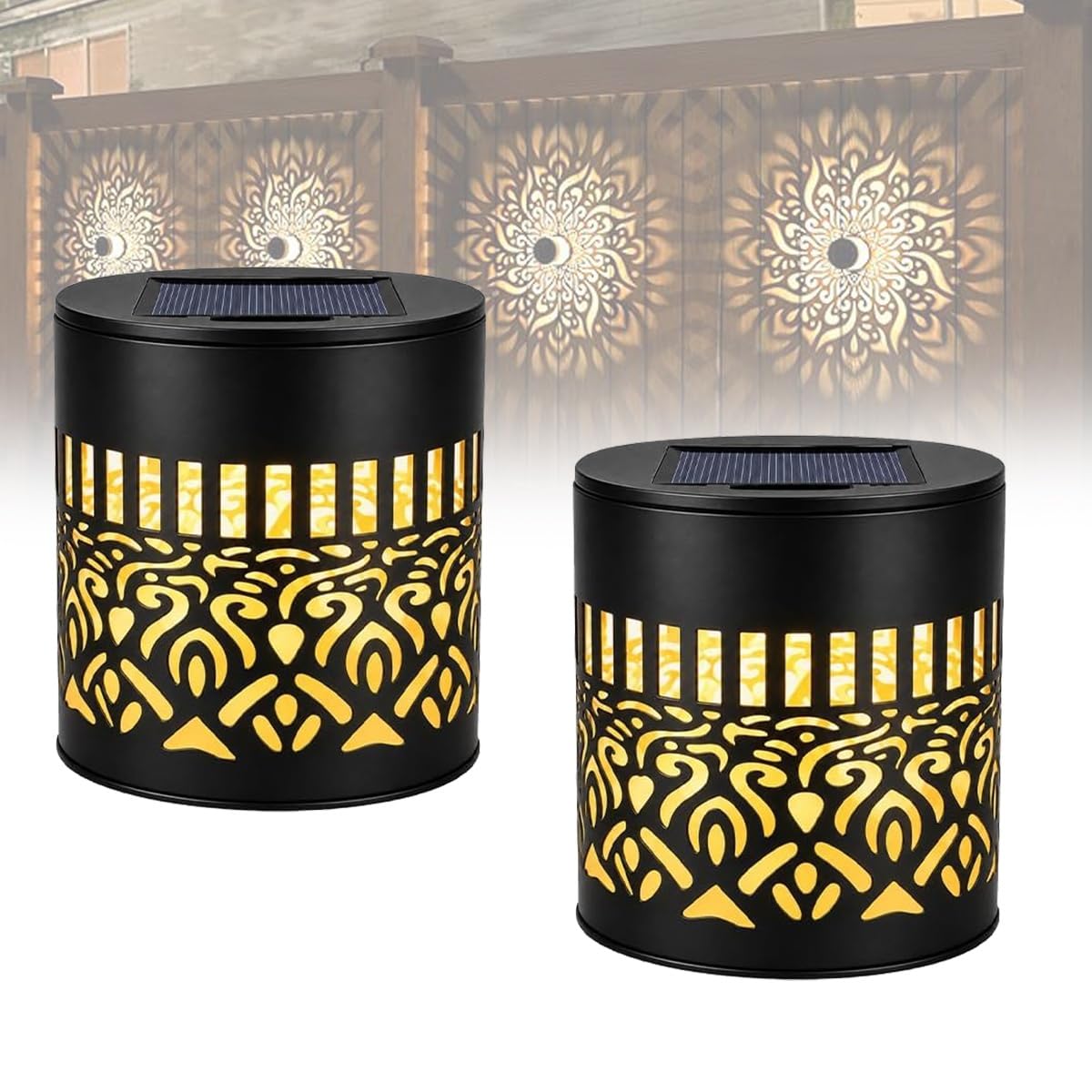DTWEFF Metal Mandala Solar Wall Lights with Decorative Projection Pattern, Solar Fence Mandala Lights for Garden Patio Post Backyard Yard(Warm Light,2pcs)