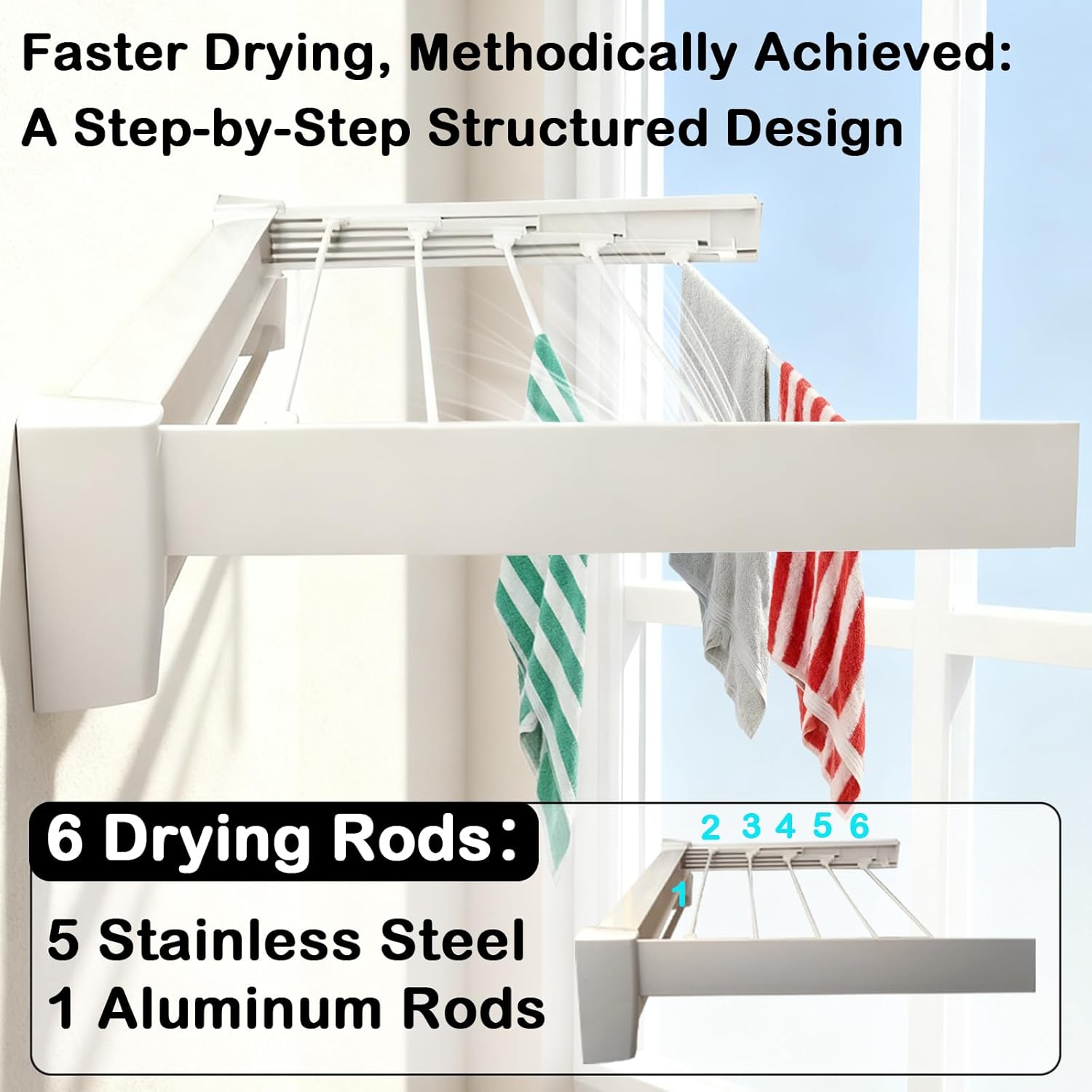 Wall Mounted Clothes Drying Rack 27 inches,Foldbale Laundry Drying Rack 6 Rods,Hidden Drying Rack Clothing,Retractable,Collapsible,Screws Needed Folding Laundry Rack (White, Medium)