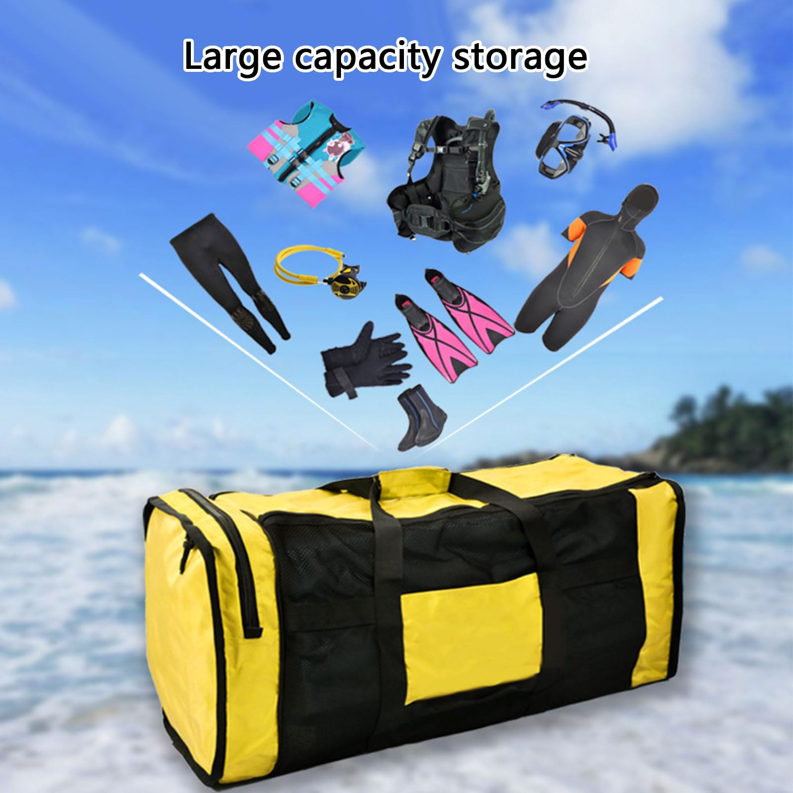 Sac de sport de plongée grande capacité en maille pour la plongée sous-marine et l'équipement de plongée avec tuba, Noir