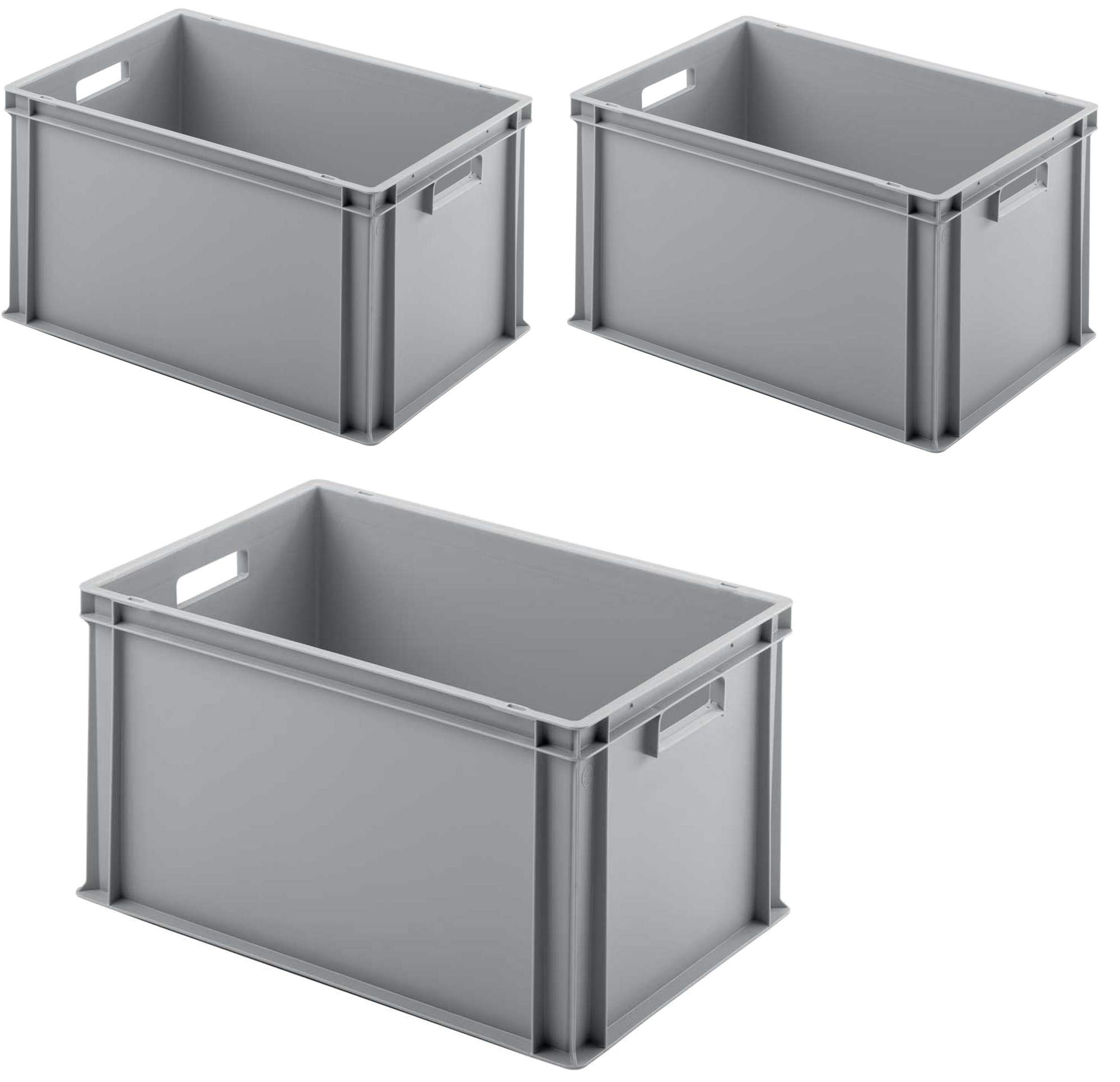 BRB 3 contenitori impilabili europei con 2 manici, 600 x 400 x 320 mm, grigio