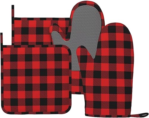 Manoplas de horno y soportes para ollas a cuadros de búfalo negro y rojo, juego de 4 piezas, guantes de horno de silicona a cuadros negros y rojos