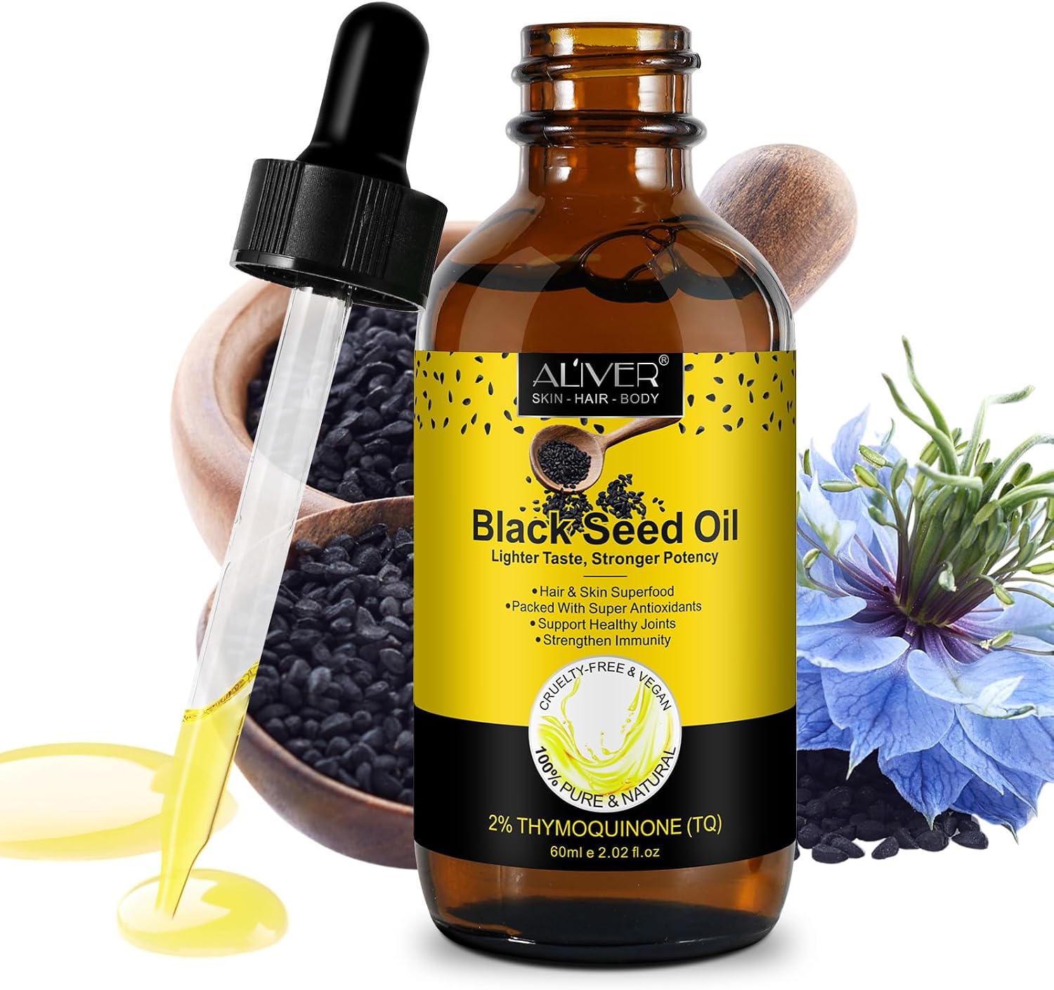 Black Seed Oil 60ml | 100% Pure & Premium Cold Pressed | Improves the Condition of Hair, Skin, and Nails | Best for Dry-Skin, Inner Health & Flaky