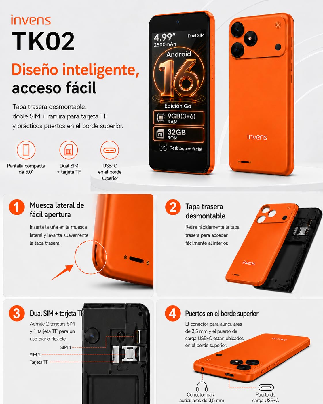 invens TK02 Telefonos Moviles Libres, 9(3+6) GB+32GB/128GB TF Teléfono Móvil, Android 16, 5'' HD+, 8MP+5MP Móvil, 2500mAh, Smartphone Triple 4G SIM GPS/OTG/3.5mm Jack Negro