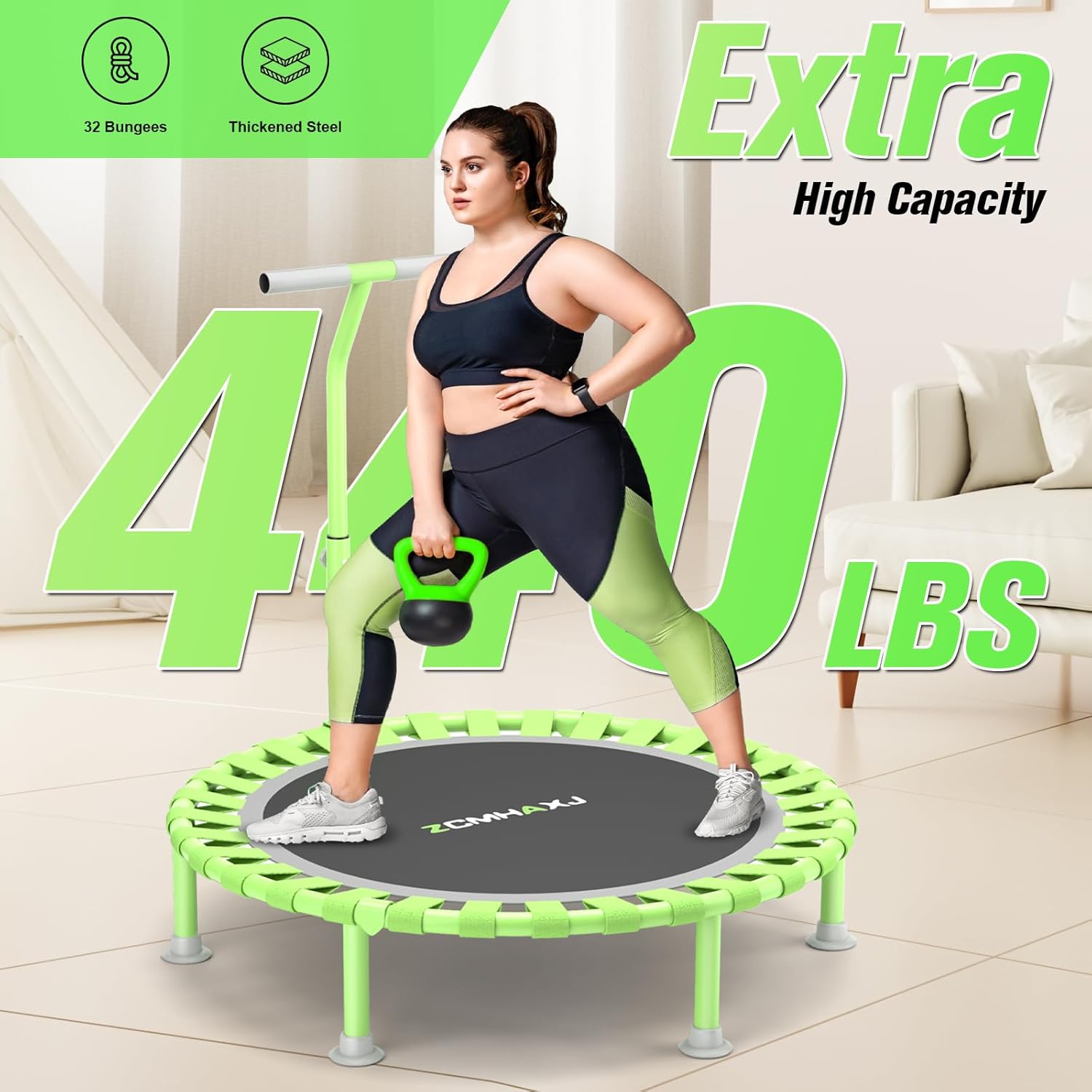 zcmhaxj foldable mini trampoline, 40" rebounder trampoline for adults & kids, 450lbs capacity with t-shaped adjustable bar, indoor fitness workout exercise equipment green