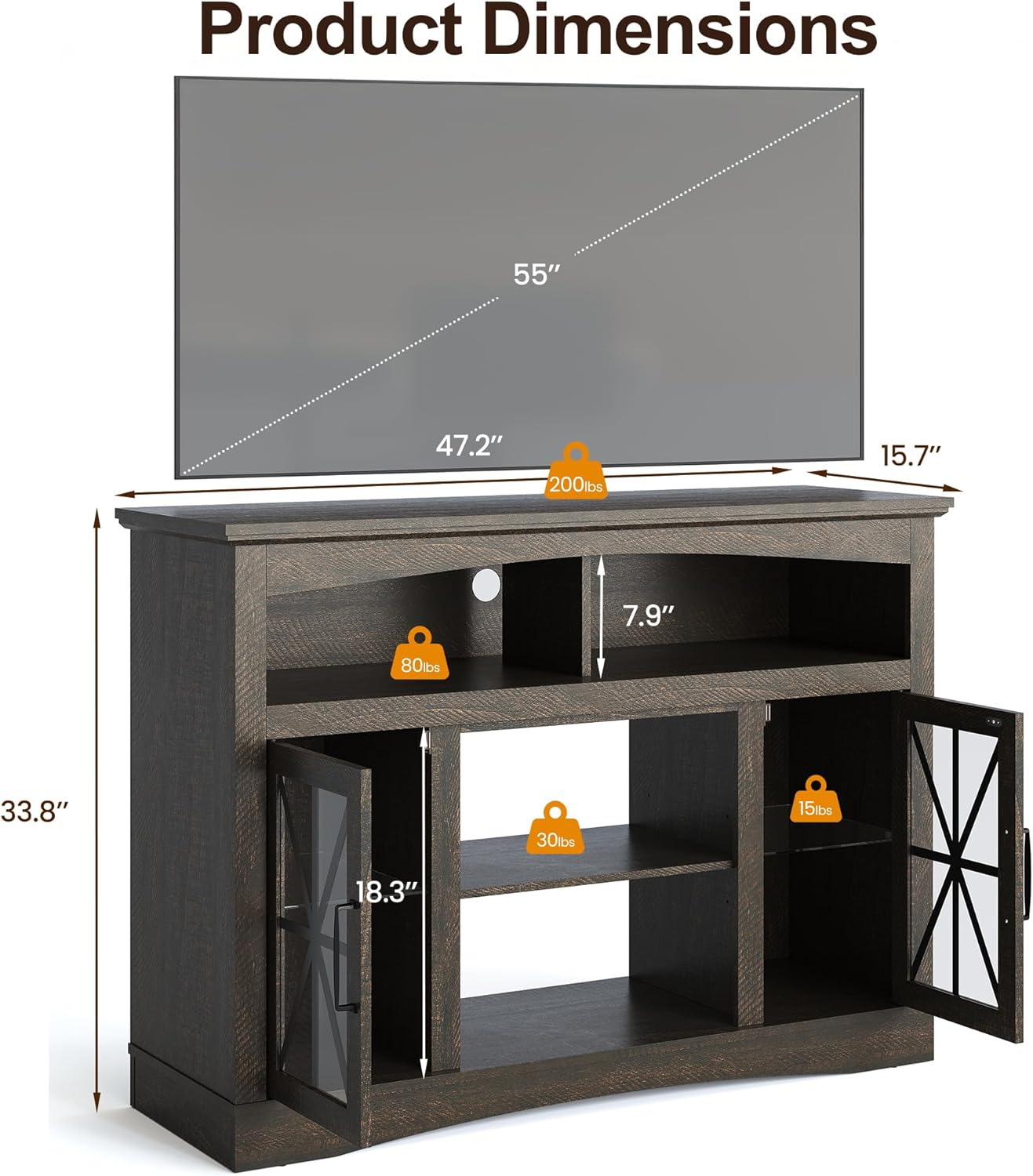 RoyalCraft Farmhouse TV Stand for 55 Inch TV, Entertainment Center with Glass Doors & LED Lights, Vintage Media Console Table with Adjustable Shelves for Living Room, Bedroom, Brown
