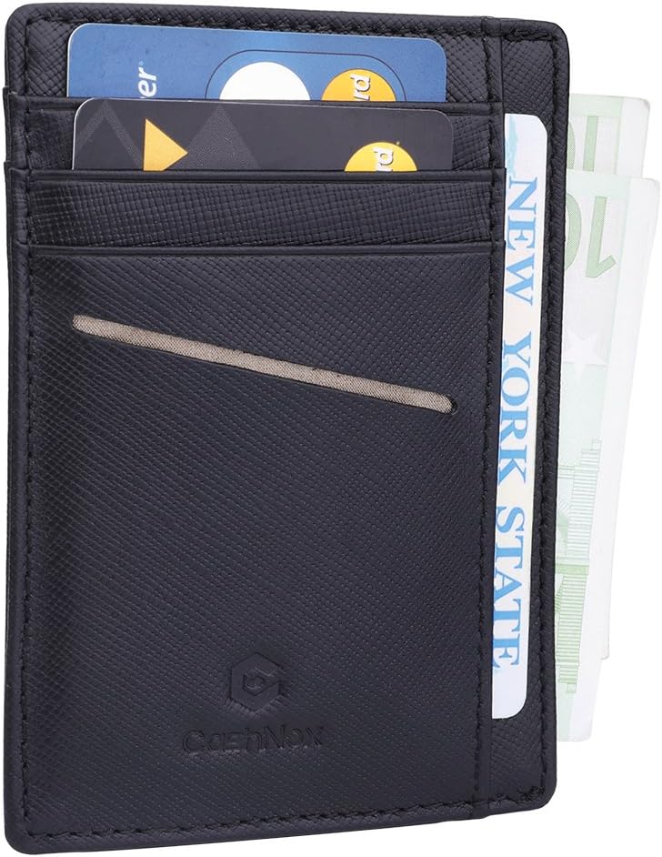 Cashnox Slim Leather RFID Blocking Front Pocket Wallet Credit Card Holder (#007Saffiano Black)